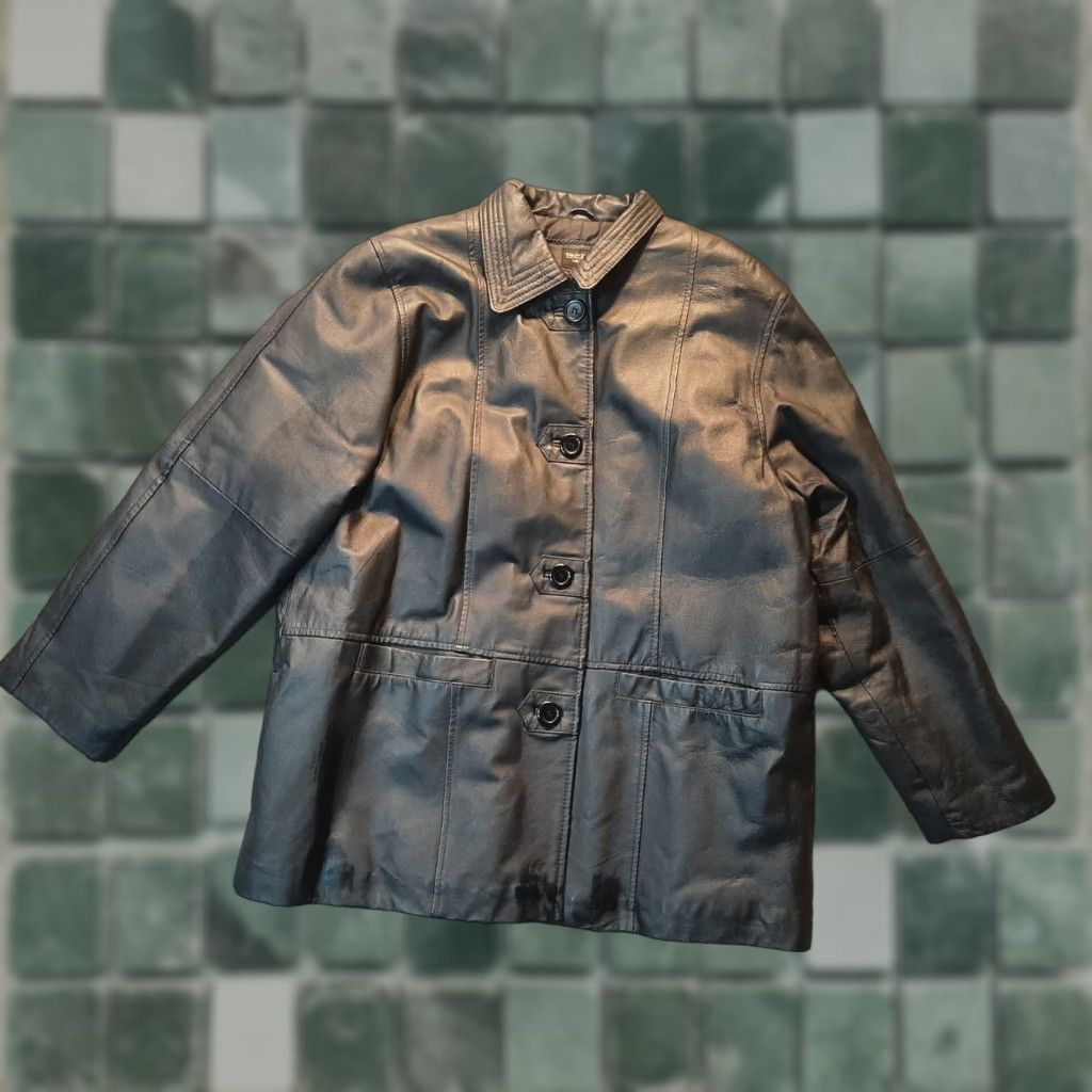 Vintage Salon Studio Leather Jacket Mens Adult Large L Black Long Sleeve Button Up Coat Bomber Pockets Casual All Seasons Size L / US 10 / IT 46 - 1 Thumbnail