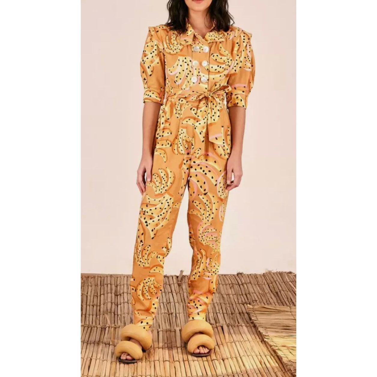 Farm Rio NWT FARM RIO | OFFICE SIREN GOES BANANAS LINEN JUMPSUIT XS Size 25" / US 0 / IT 36 - 3 Thumbnail