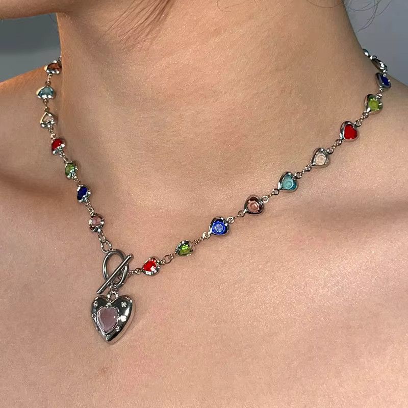 Jewelry Y2K Color Heart Zircon Pendant Necklace Size ONE SIZE - 2 Thumbnail
