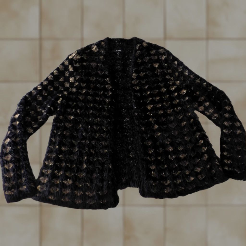 Alfani Alfani Womens Cardigan Sweater PL Petites Black Kimono Sleeve Mock Neck Stretch Knit Geometric Pattern Size L / US 10 / IT 46 - 1 Thumbnail