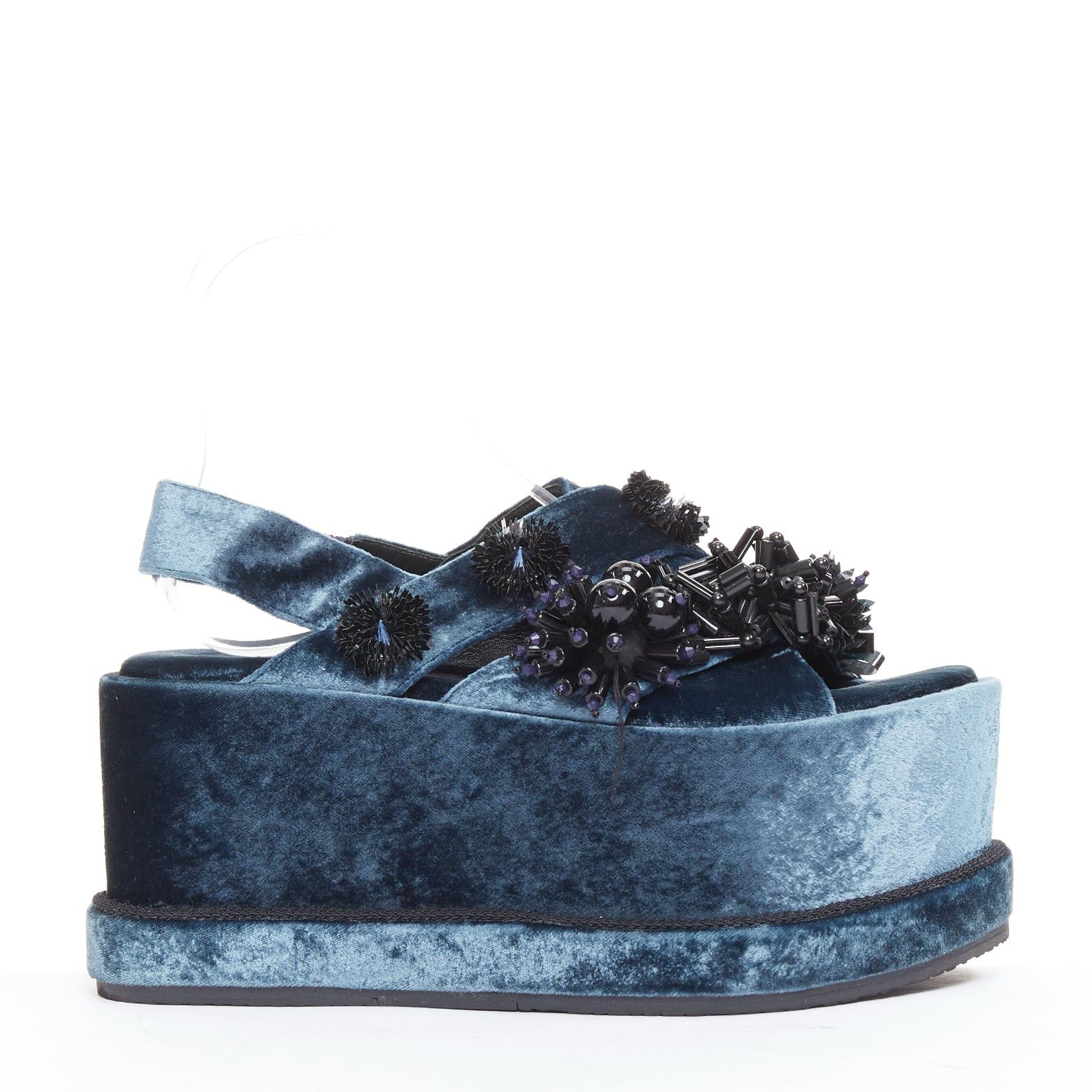 Other BIYAN blue velvet black beads sequin embellished platform wedges shoes EU39 Size US 9 / IT 39 - 1 Thumbnail