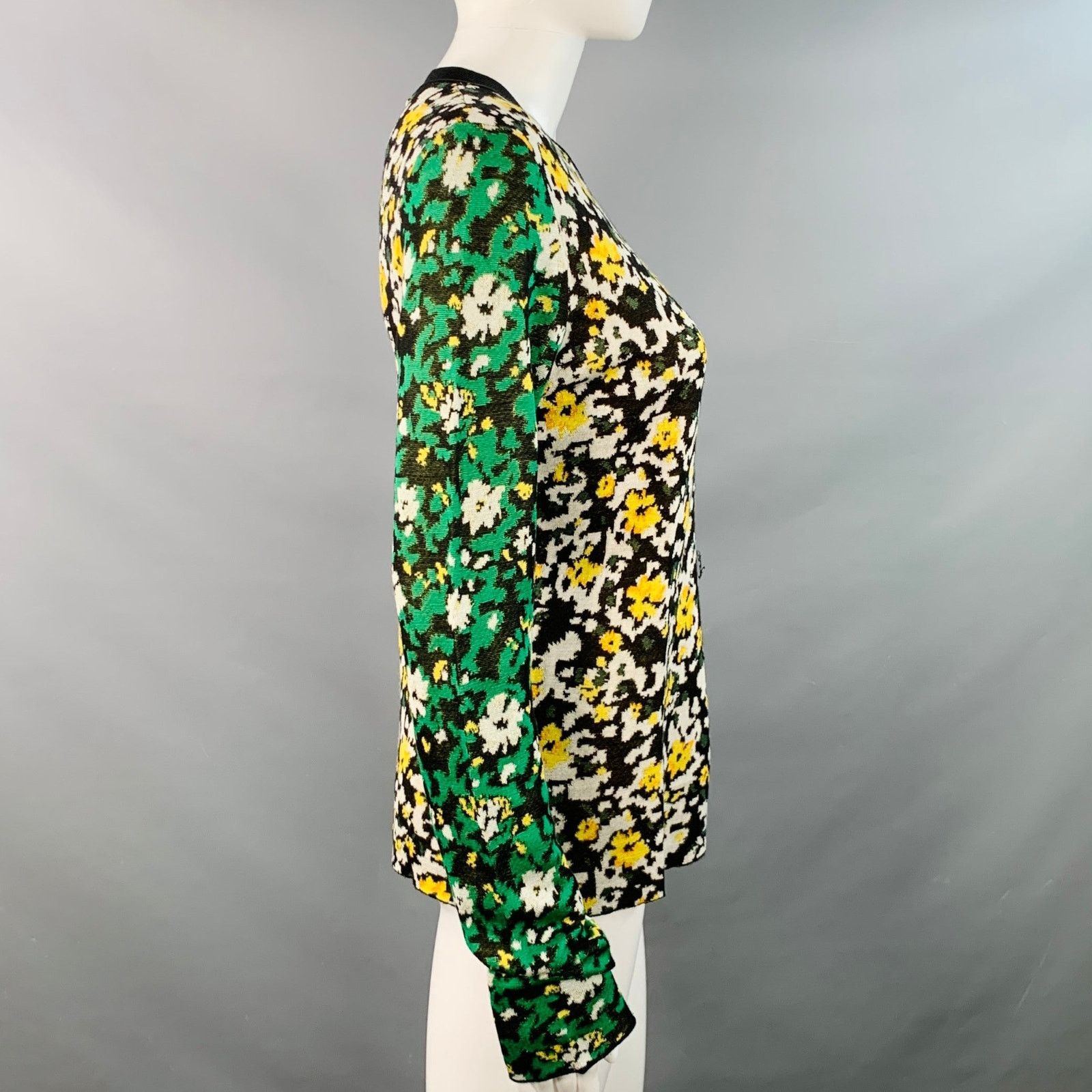 Proenza Schouler M Black Green White Silk Color Block Floral Pullover Size M / US 6-8 / IT 42-44 - 3 Thumbnail