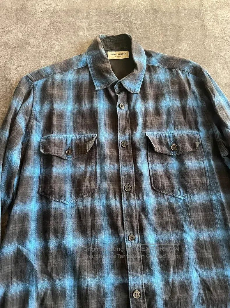 Saint Laurent Paris Saint Laurent Paris Blue and Black Washed Frayed Plaid Shi Size US XL / EU 56 / 4 - 3 Thumbnail