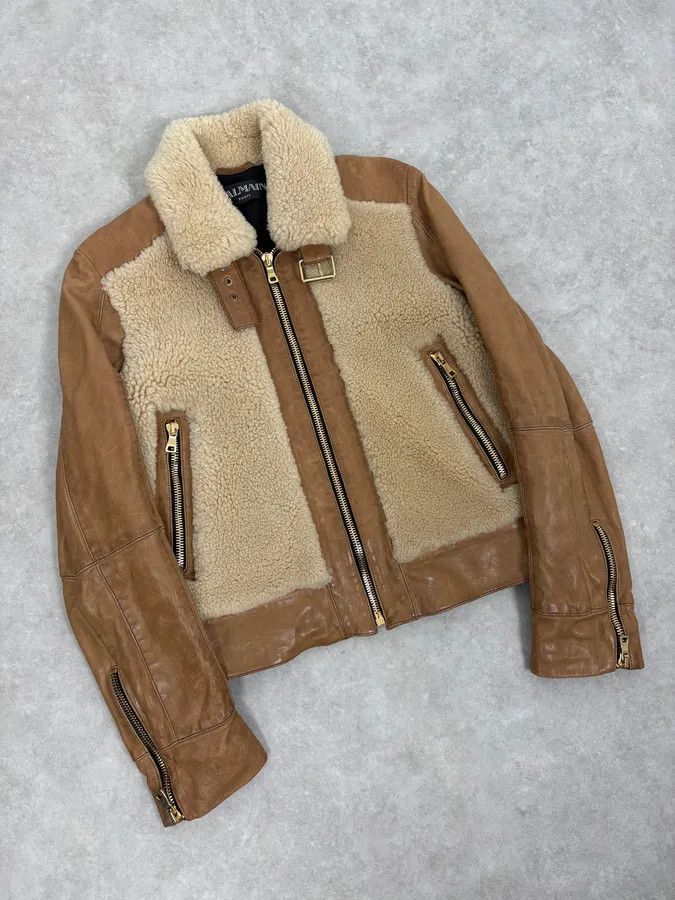 Balmain 2010s Balmain Beige & Brown Shearling Biker Leather Jacket Size US S / EU 44-46 / 1 - 4 Thumbnail