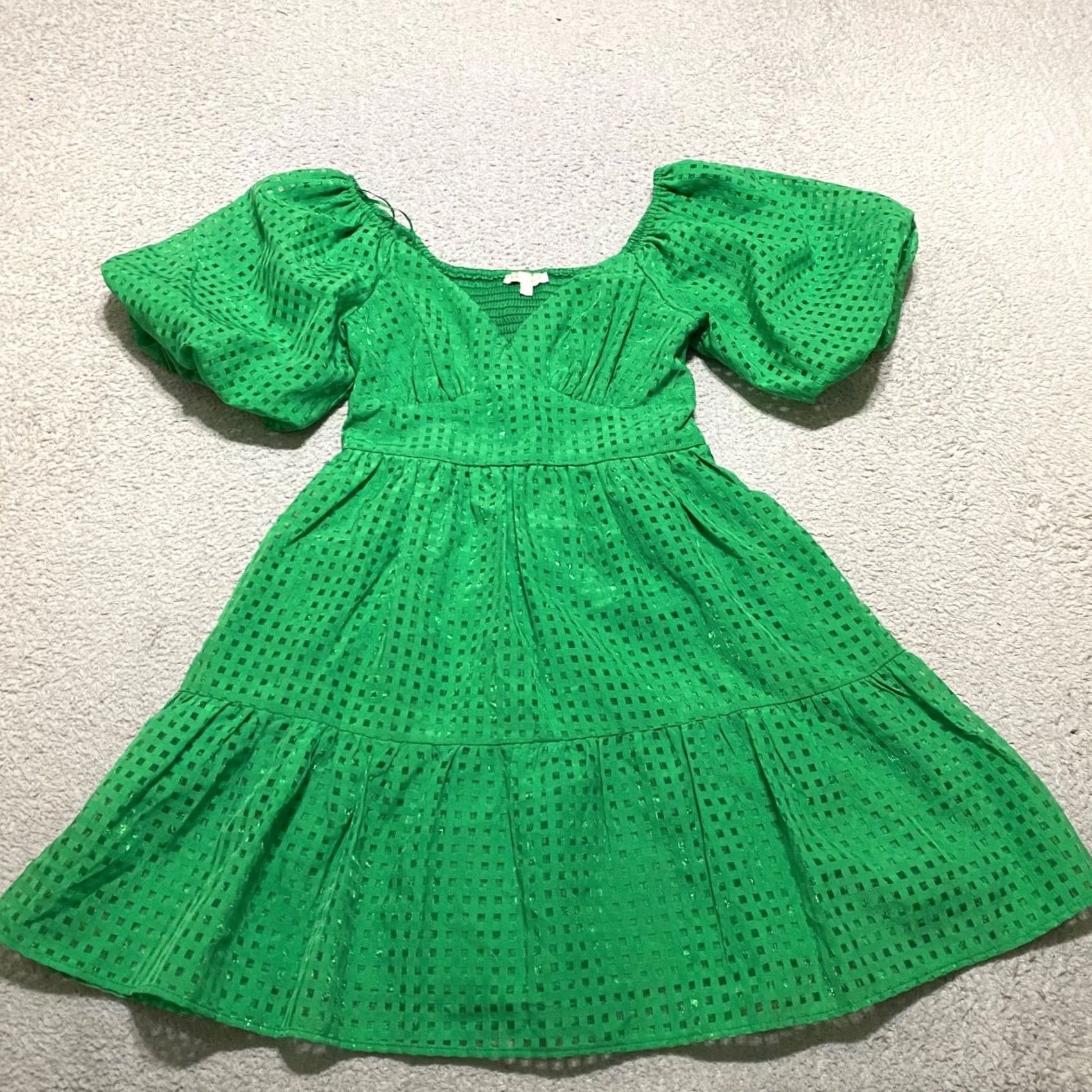 Vintage Flying Tomato Womens Short Dress Green Geometric Mini Puff Sleeve V-Neck Adult Small Size S / US 4 / IT 40 - 2 Thumbnail