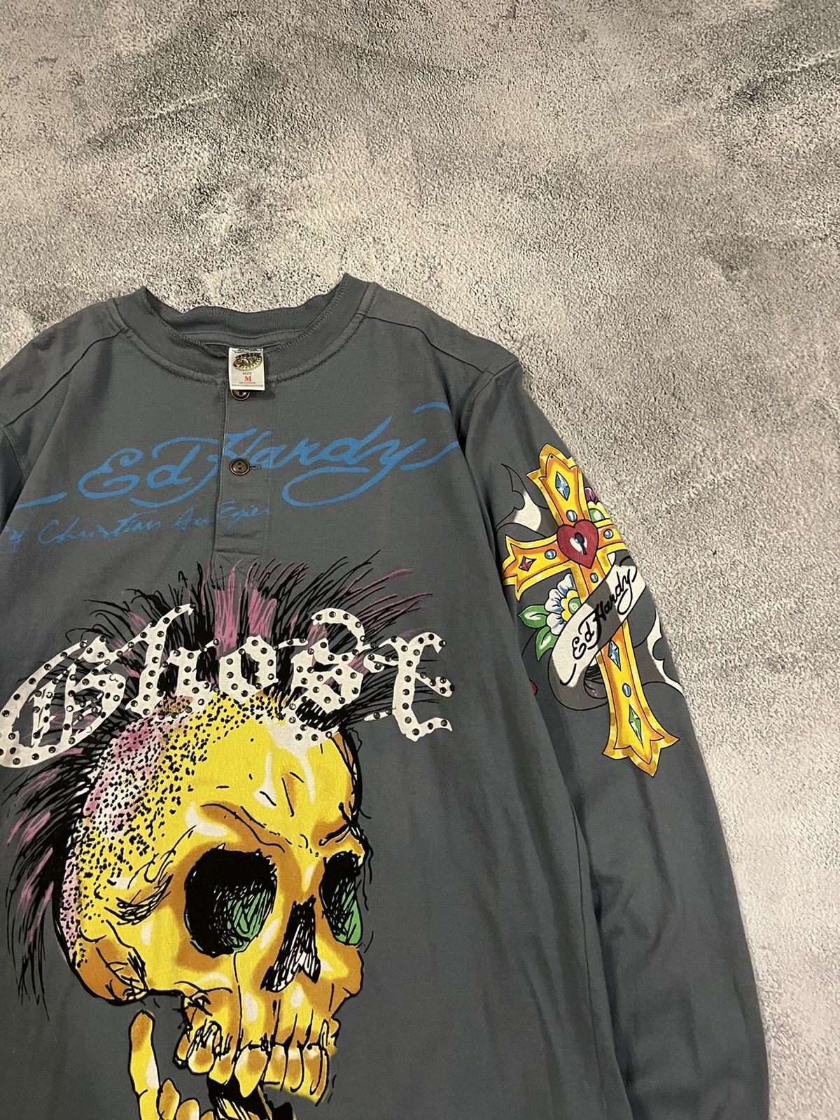 Vintage Y2k Ed Hardy Skull Cross Tattoo Rare Long Sleeve 00s