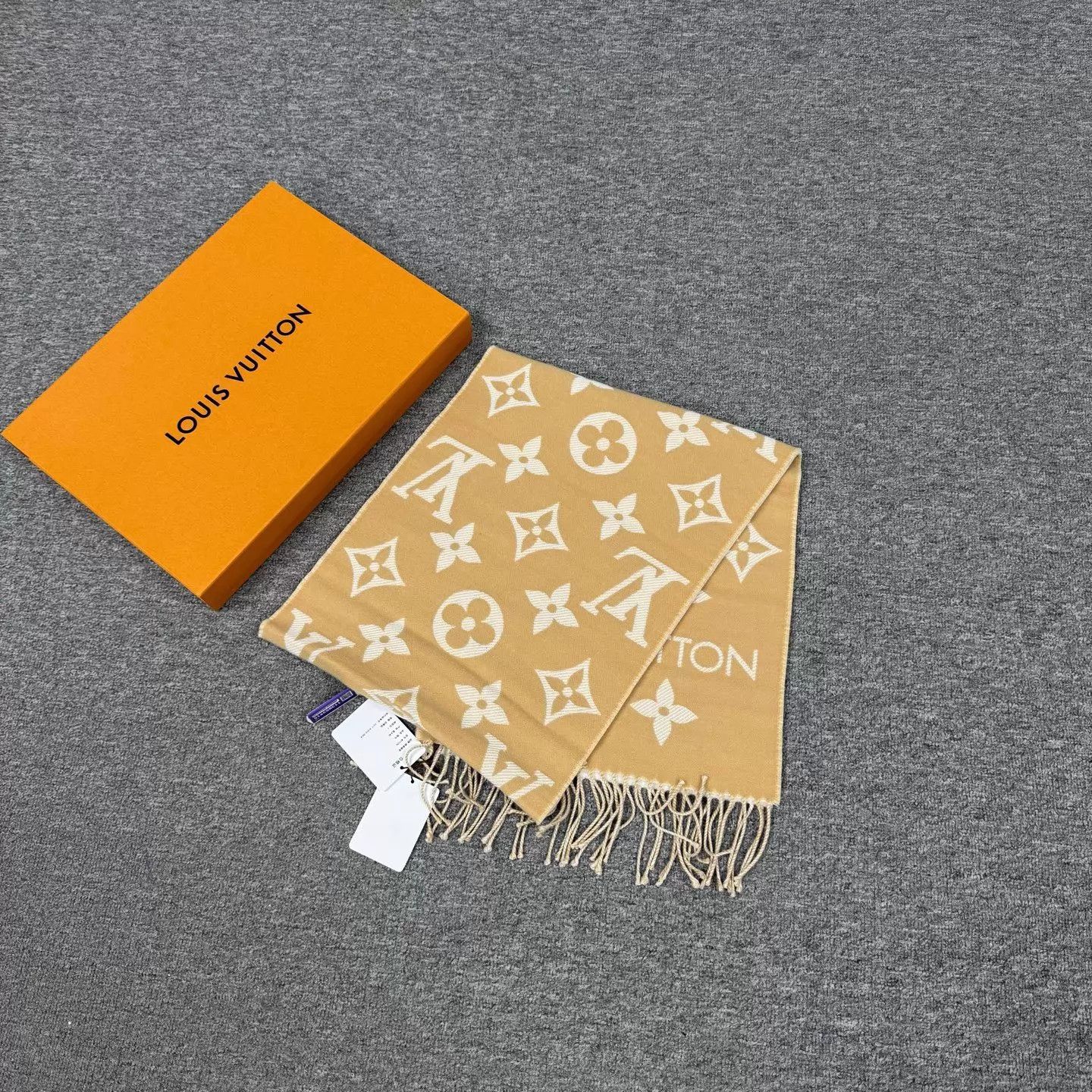 LV Camel Wool Monogram Tassel Scarf New with Tags