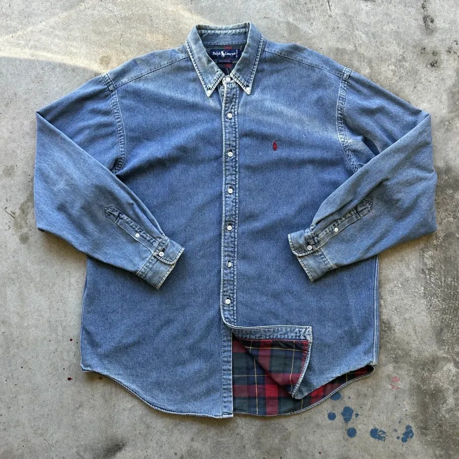 Polo Ralph Lauren Vintage Polo Ralph Lauren Denim Plaid Flannel Lined Shirt Size US XL / EU 56 / 4 - 1 Thumbnail