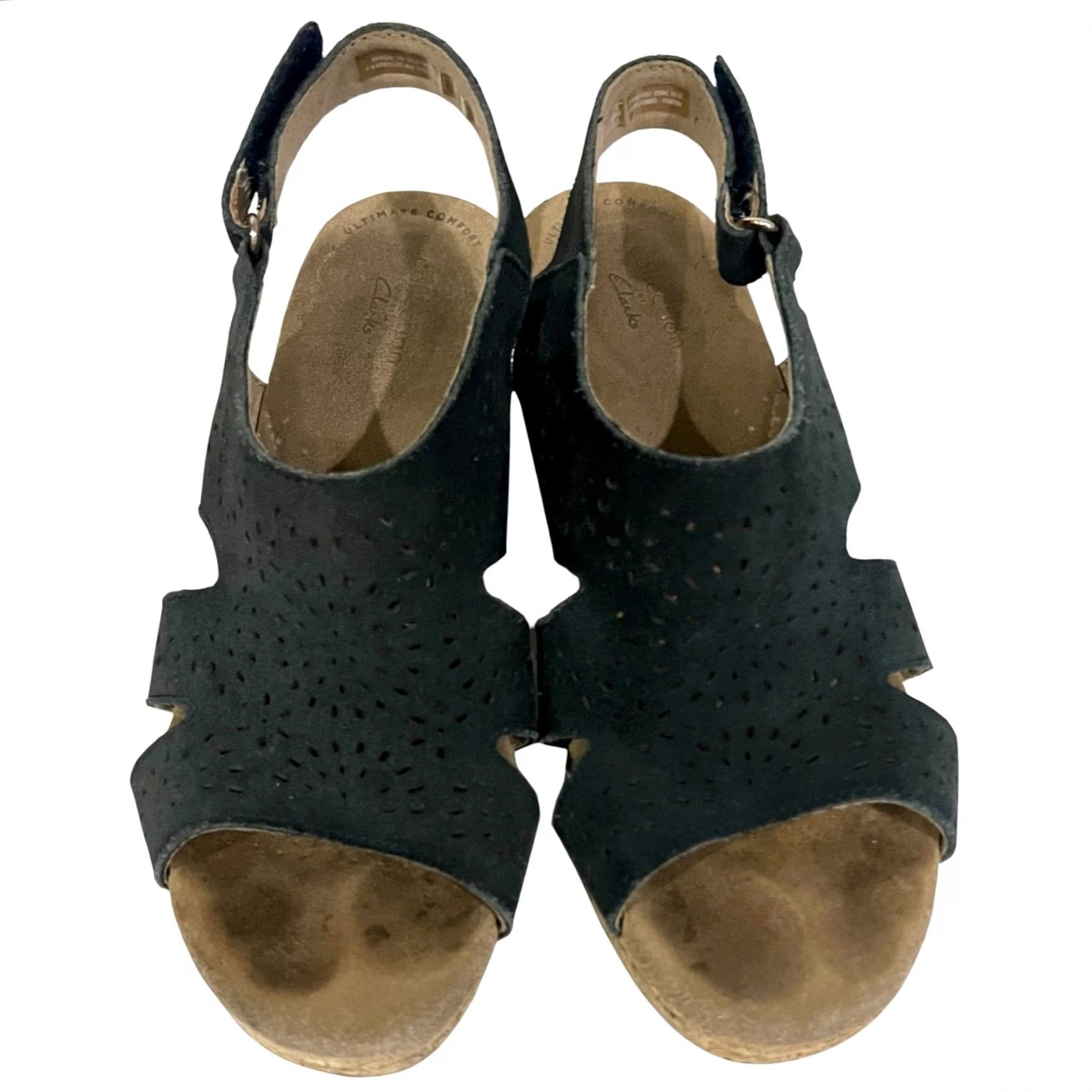 Clarks VINTAGE CLARKS Giselle Bay Sandals Women’s Slingsback Cork Wedge Black US 7.5 M Size US 8 / IT 38 - 3 Thumbnail