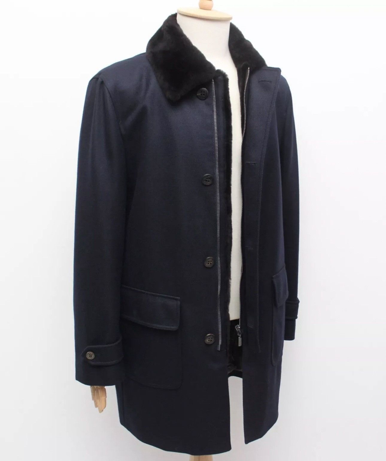 Brioni BRIONI Luxury Wool Long Navy Fur Collar Coat Overcoat fit XL Size US XL / EU 56 / 4 - 5 Thumbnail