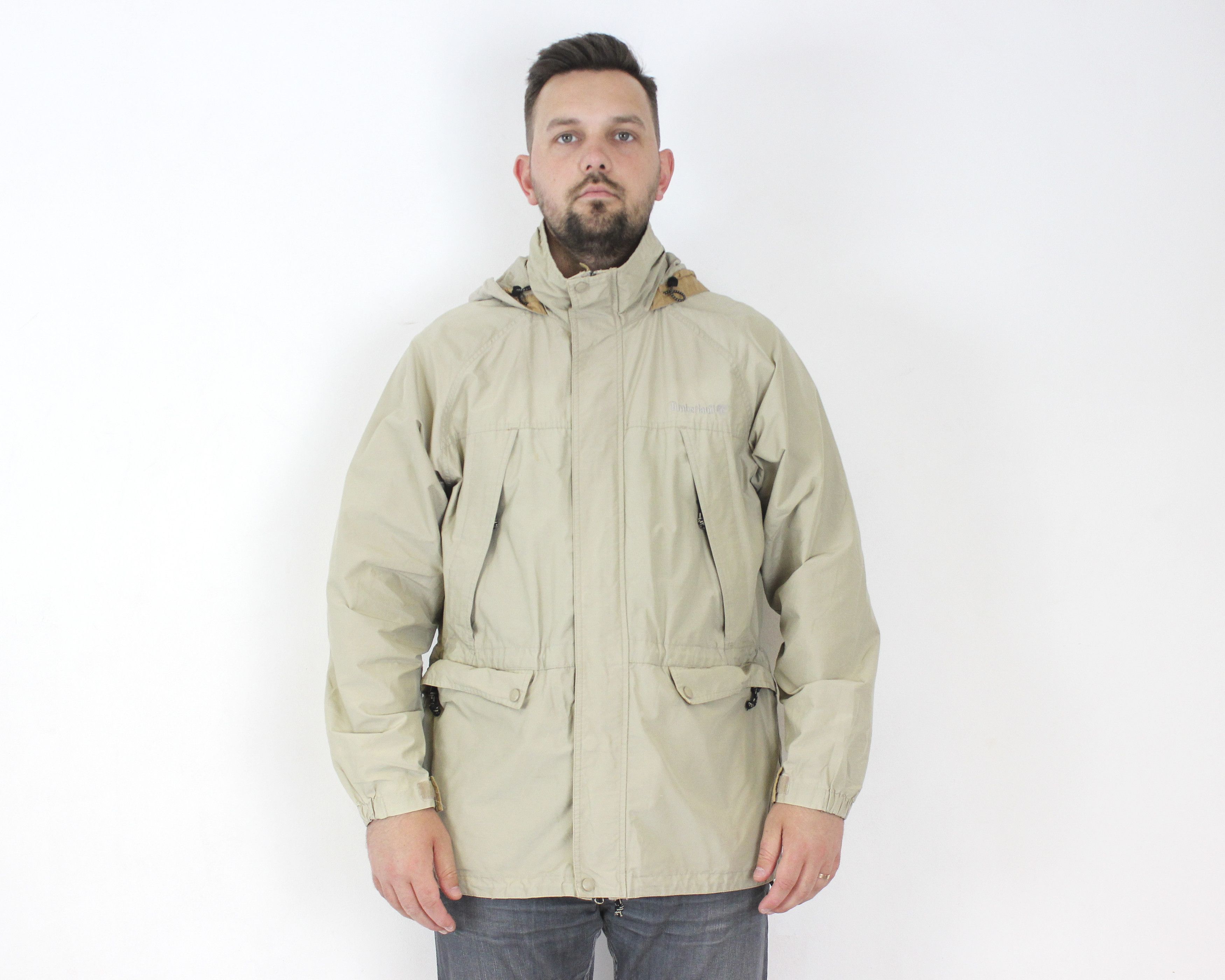 Parka L Jacket Coat Hooded Zip Up Unlined Four Front Pockets