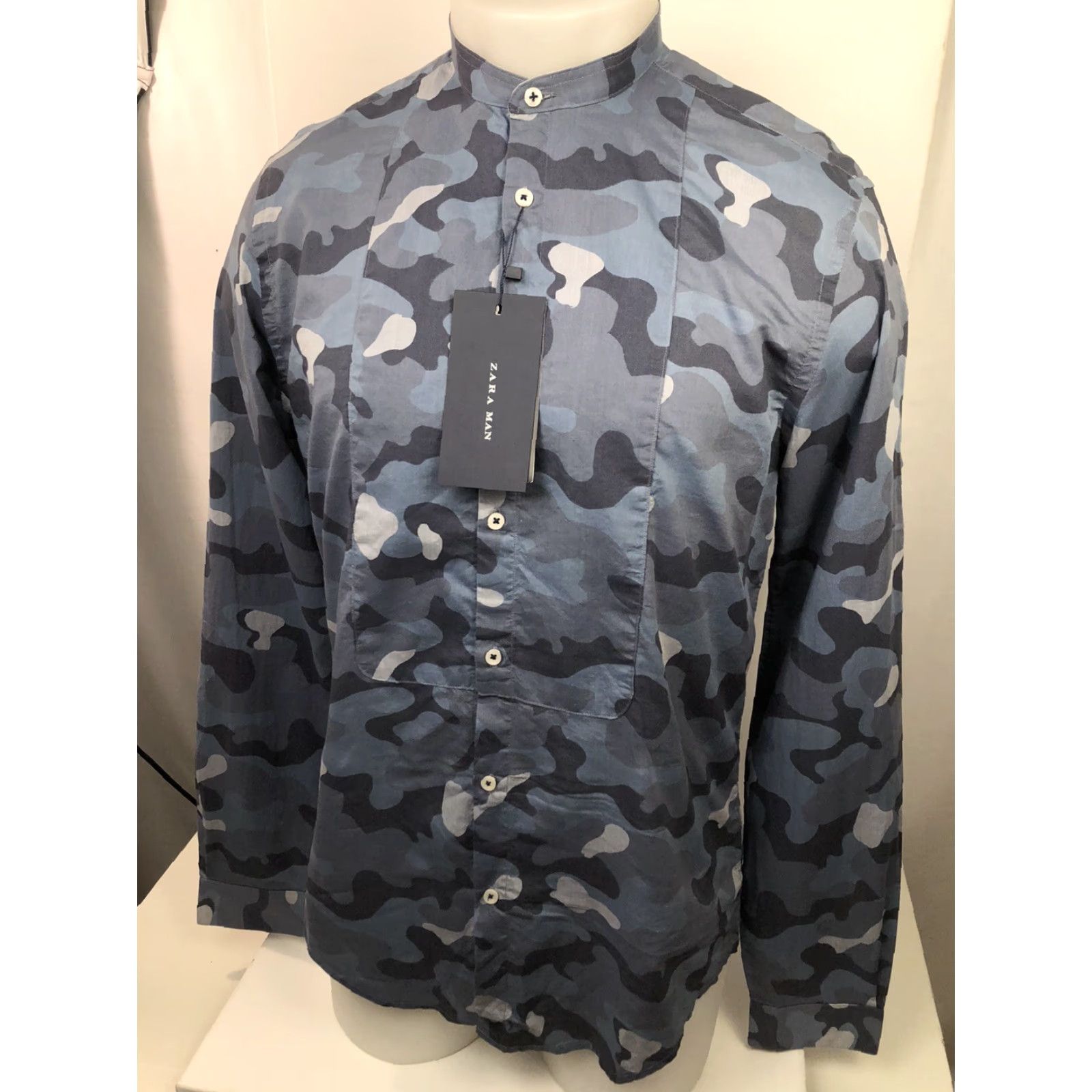 Zara ZARA MAN Camouflage Slim Fit Cotton Shirt Collarless Blue/Gray M7 Size S Size US S / EU 44-46 / 1 - 3 Thumbnail