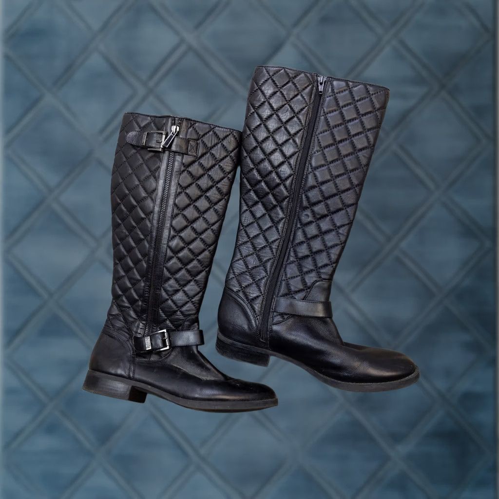 Vince Camuto Vince Camuto Womens Boots Knee High Leather Black Knit Quilted Buckle Side Zip 9M 39 Size US 9 / IT 39 - 1 Thumbnail