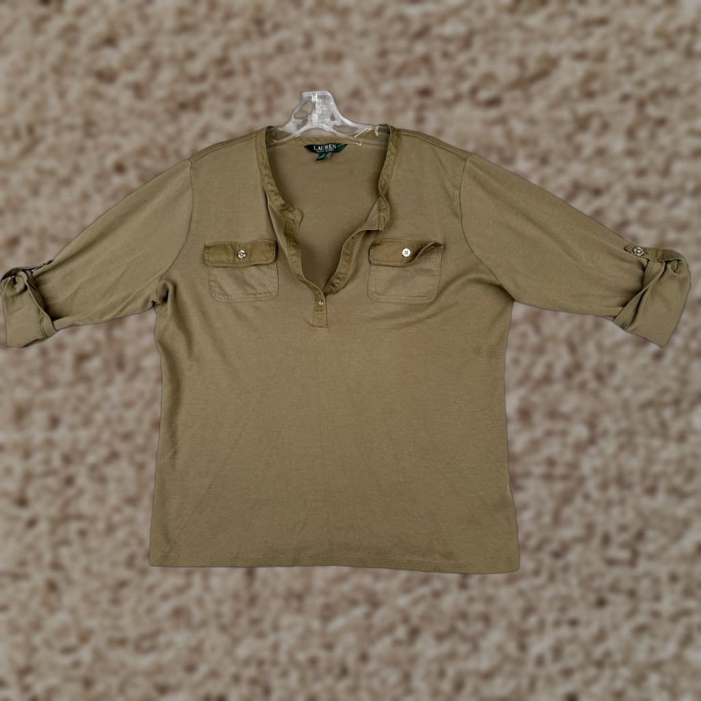 Ralph Lauren Lauren Ralph Lauren Shirt Women XL Green V-Neck 100% Cotton Pocket Size XL / US 12-14 / IT 48-50 - 1 Thumbnail