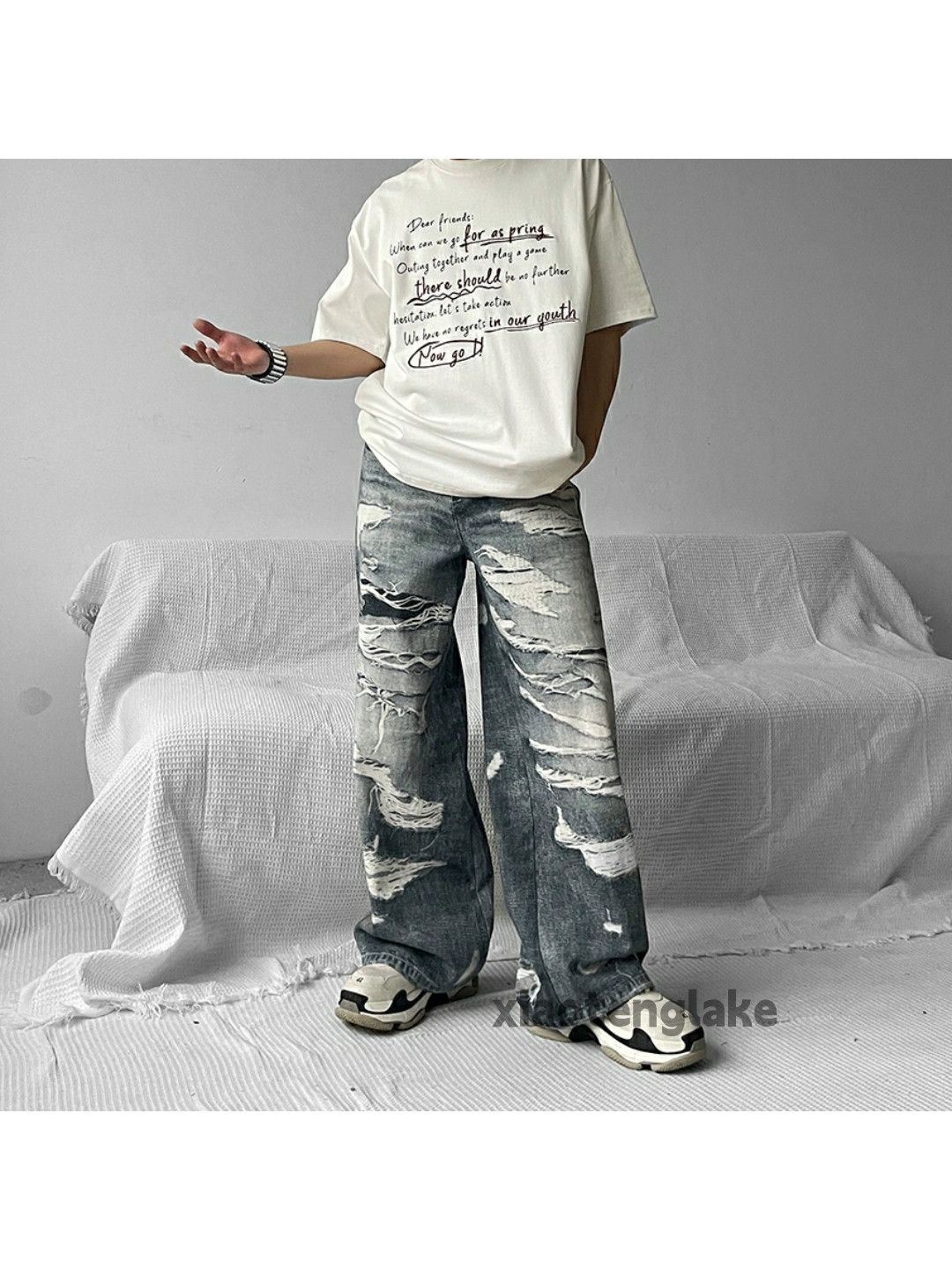 Jean × Vintage washed faded loose baggy pattern damaged baggy jeans Size US 30 / EU 46 - 1 Thumbnail