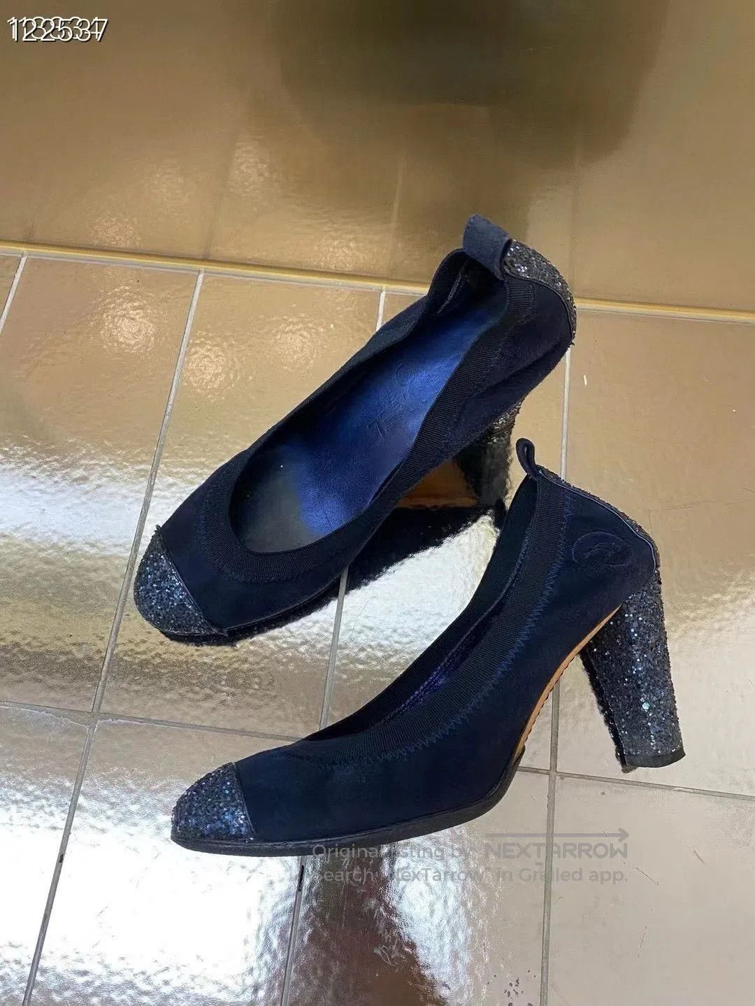 Chanel Chanel Dark Blue Suede Sequin Heels. Size US 5 / IT 35 - 2 Thumbnail
