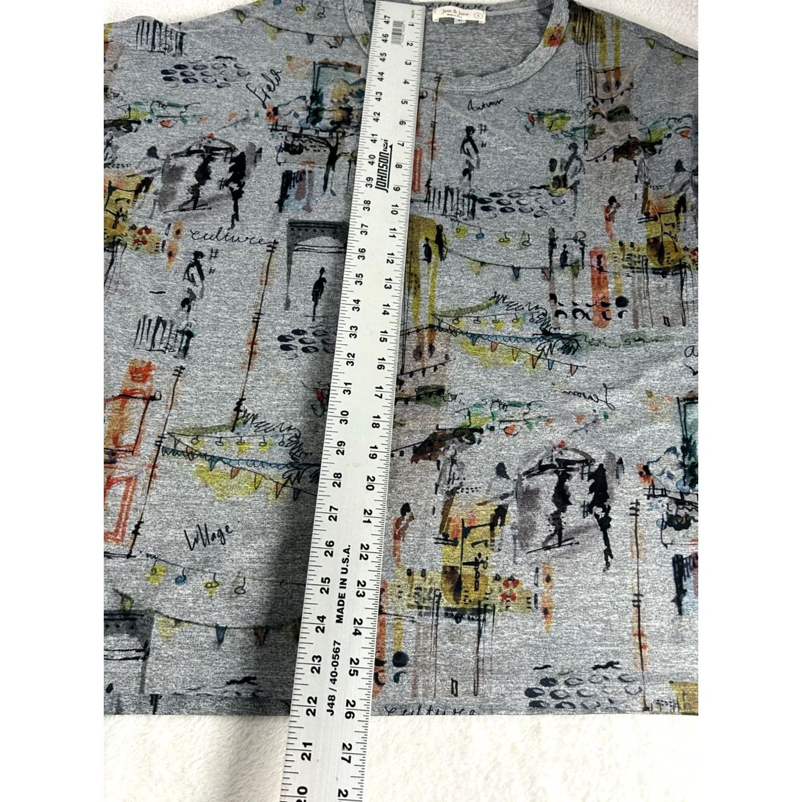 Vintage Jess & Jane Womens Heather Gray Graphic Print 3/4 Sleeve Top Large Stretch USA Made Size L / US 10 / IT 46 - 8 Thumbnail