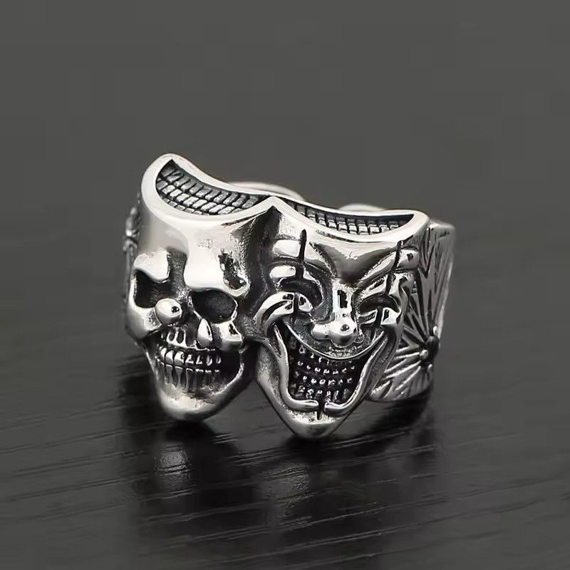 Jewelry x Vintage Retro Two Face Joker Resizeable Ring in Silver, Men's