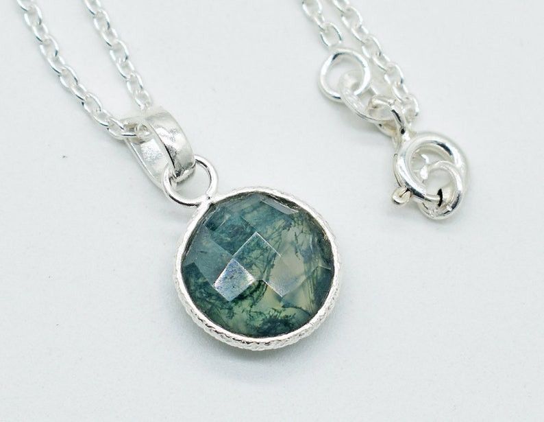 Handmade Moss Agate 925 Sterling Silver Necklace, 18 Inch Chain Size ONE SIZE - 4 Thumbnail