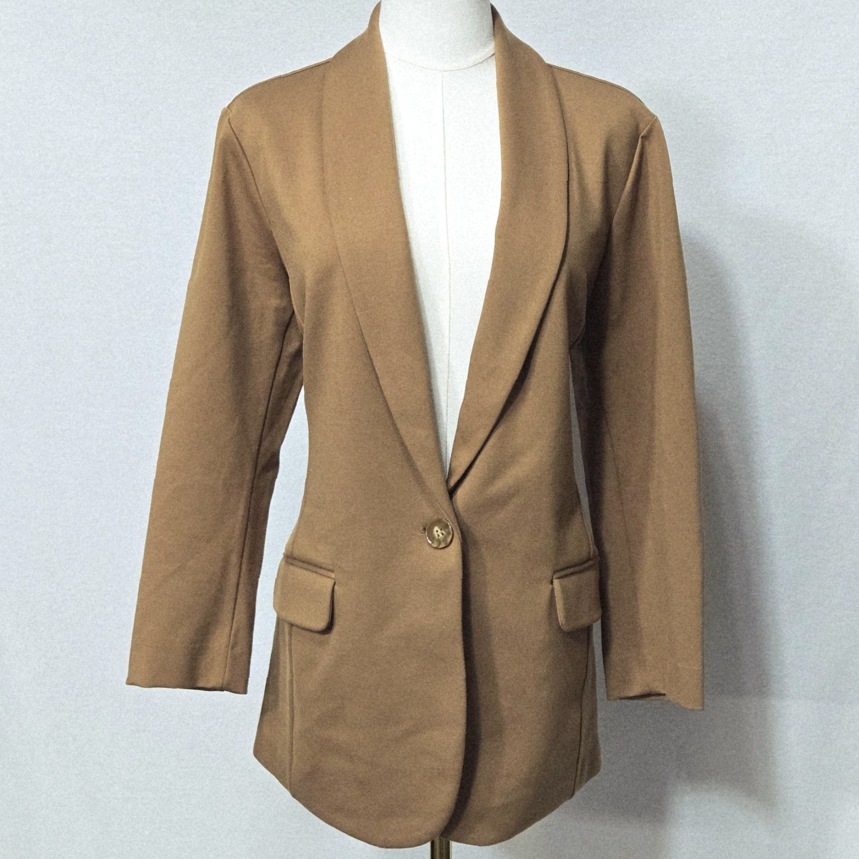 Vintage Susan Graver Blazer Womens M Beige Ponte Shawl Collar Longline Jacket Size M / US 6-8 / IT 42-44 - 2 Thumbnail