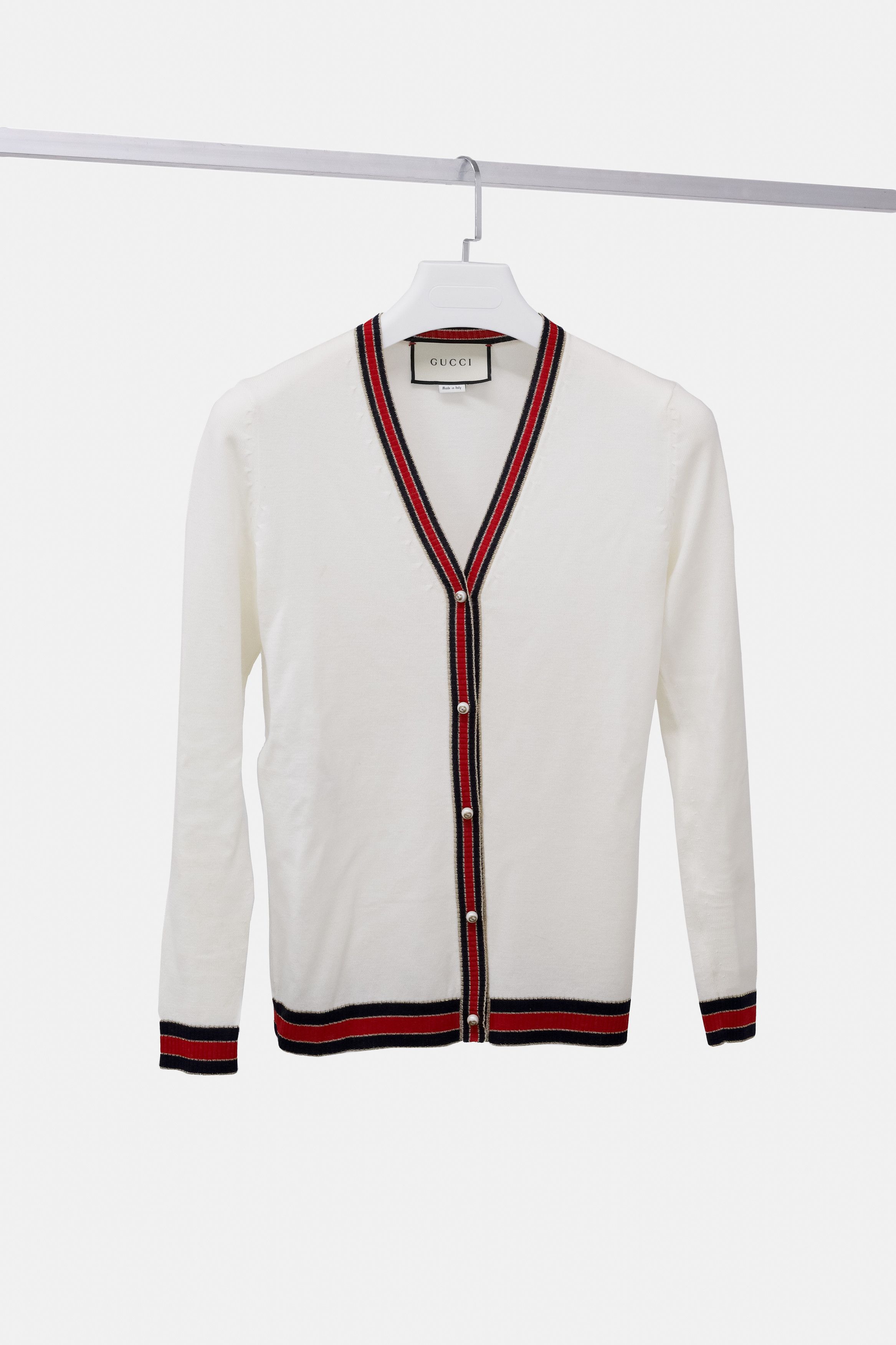 image of Gucci Cream Knit Pearl Cardigan, Women's (Size Small)