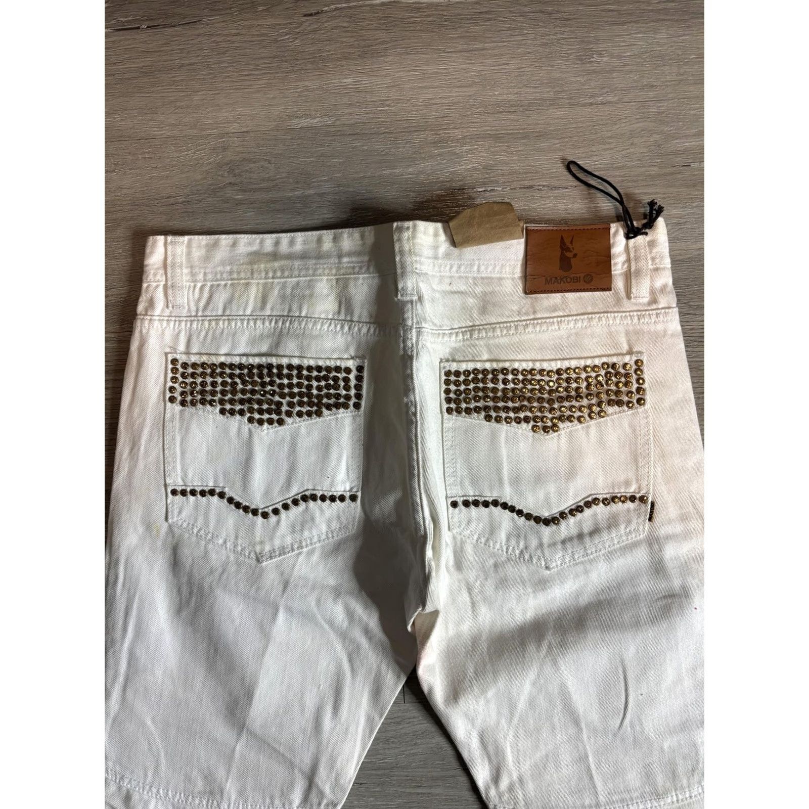 Denime Makobi Jeans Mens 34x32 White Slim Tapered Biker Studded Moto Denim Pants M1790 Size US 34 / EU 50 - 6 Thumbnail