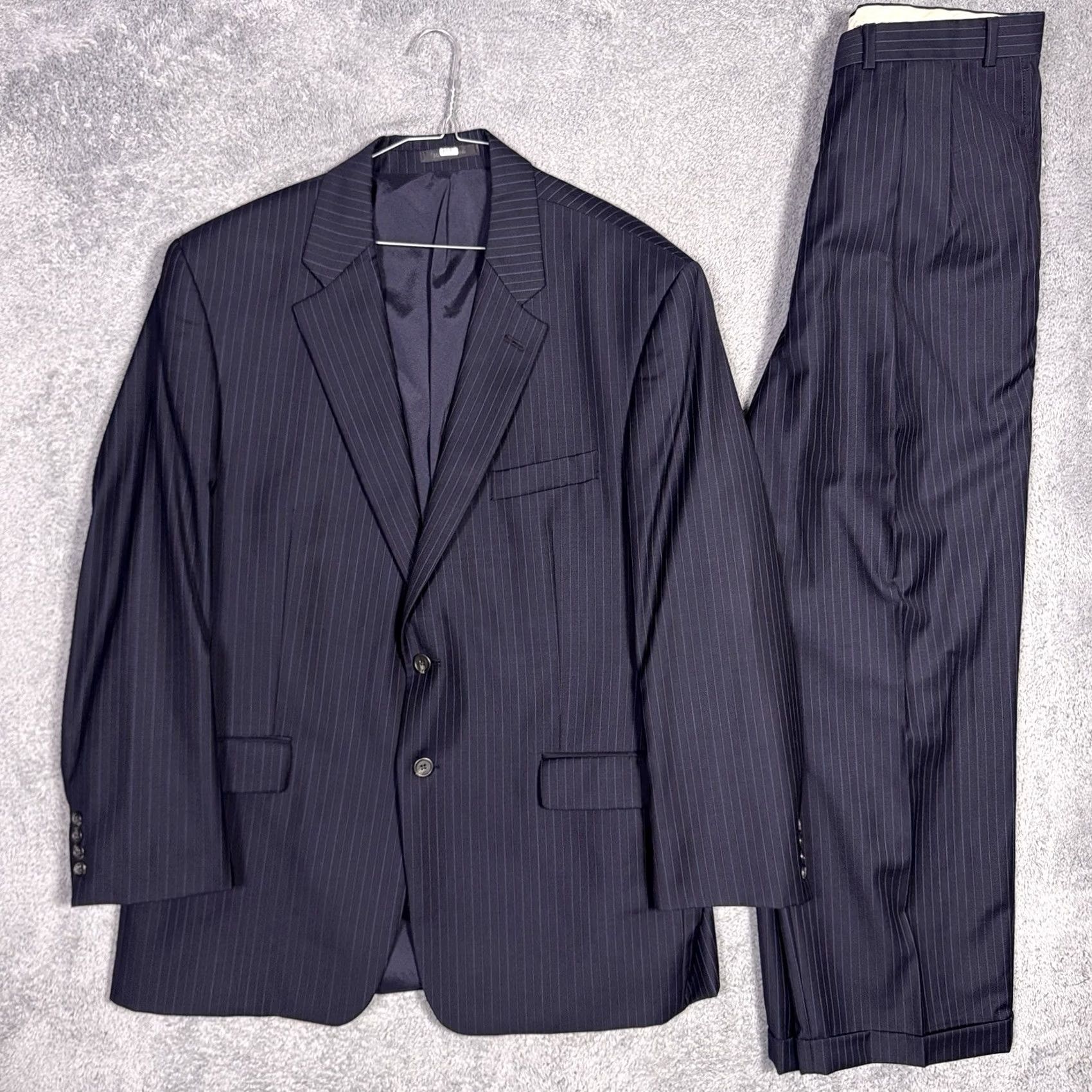 Ralph Lauren Ralph Lauren Suit Mens 46R 2 Piece Wool Jacket Slacks Set Pinstripe Cuffed Blue 38x29 Formal Wedding Mens Size 46R - 2 Thumbnail