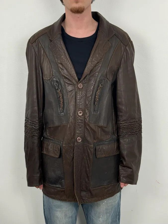 Marithe + Francois Girbaud SS2003 Marithé + François Girbaud Brown Leather Plissed Blazer Jacket Size US XL / EU 56 / 4 - 3 Thumbnail
