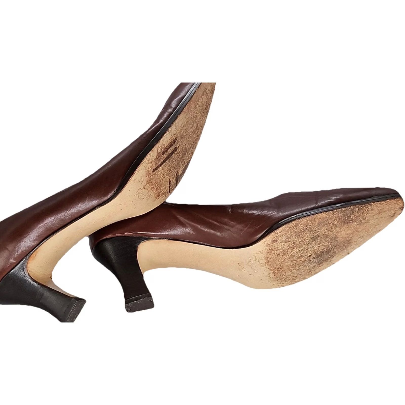 Vintage Rangoni Of Florence Womens Pump Brown Leather Kitten Heel Made In Italy 8 Comfort Leather Upper Insole Lining Outsole Womens Shoes Size US 8 / IT 38 - 7 Thumbnail