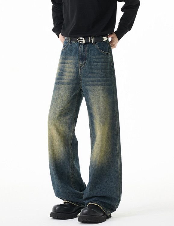 Japanese Brand Men's Retro Cleanfit Distressed Straight Leg Washed Jeans Size US 32 / EU 48 - 1 Thumbnail