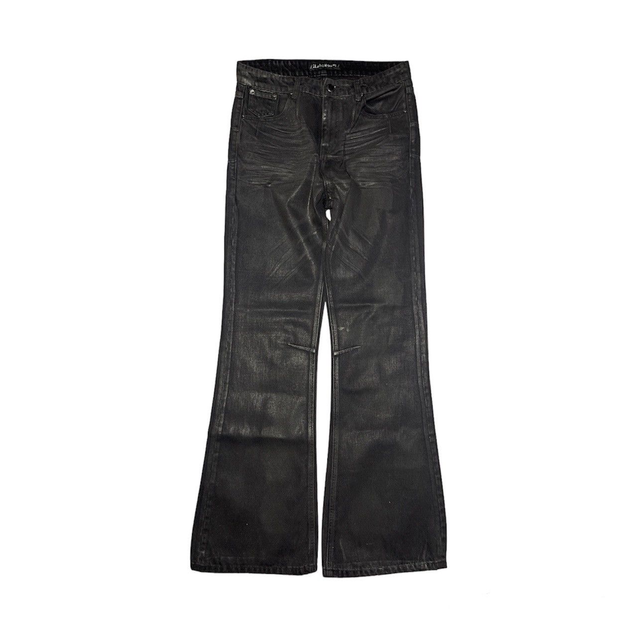 Designer Lamentist Backstage Flared Jeans in Waxed Charcoal Denim