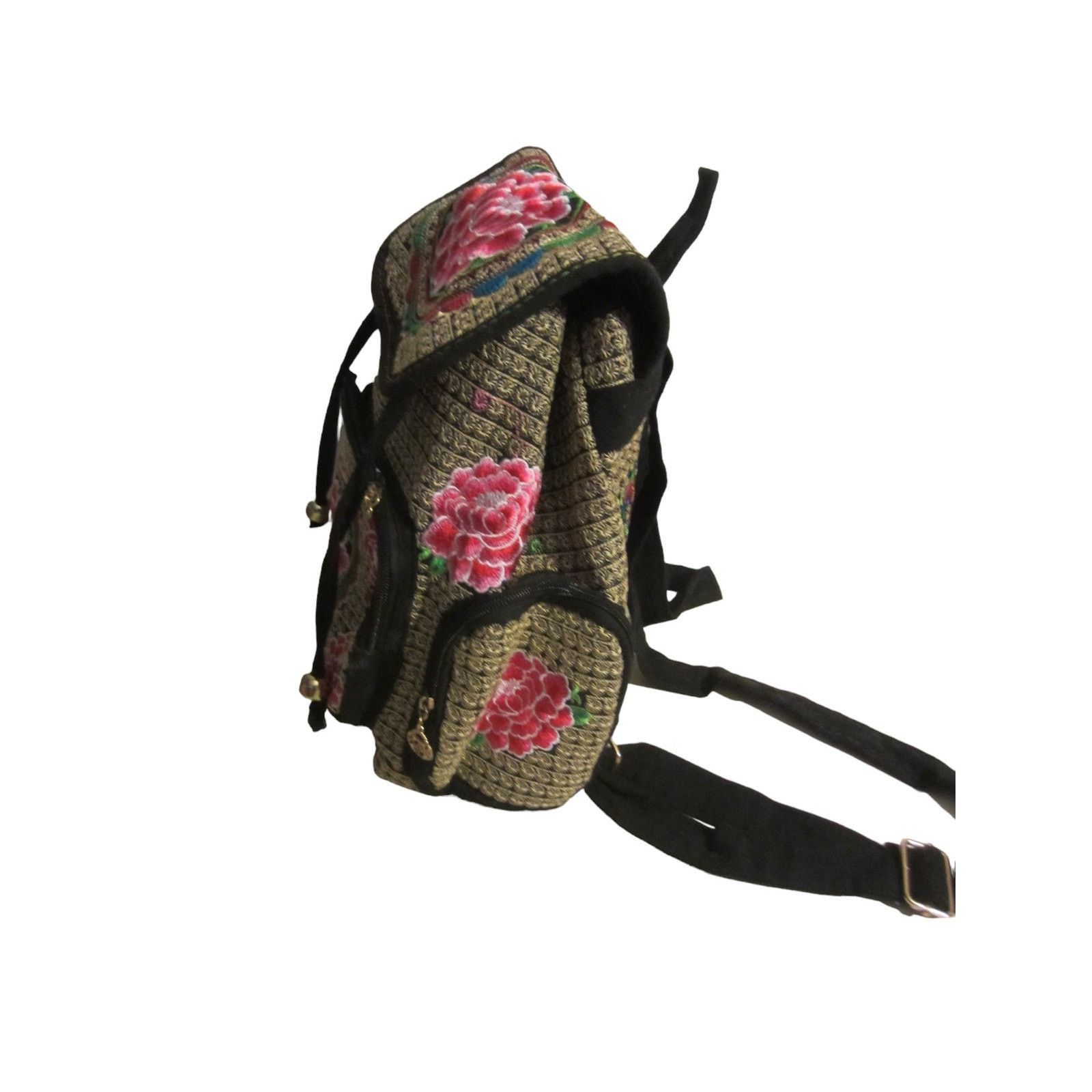 Vintage Boho Embroidered Floral Backpack Black Red Rose Folk Size ONE SIZE - 5 Thumbnail
