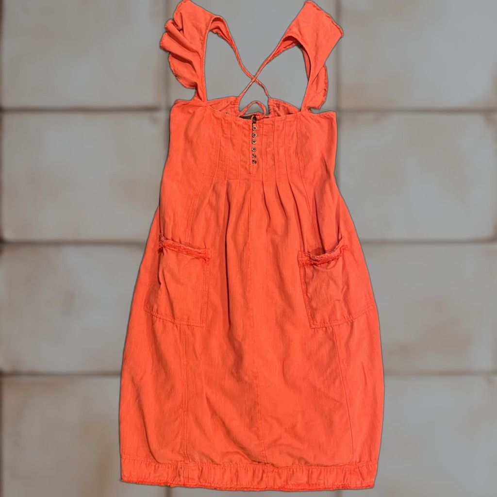 Vintage VINTAGE Pilcro Dress ORANGE RED Tie Back Flutter Sleeve Midi Womens M Orange Red Pilcro Sundress Casual Cotton Linen 90s? Size M / US 6-8 / IT 42-44 - 1 Thumbnail