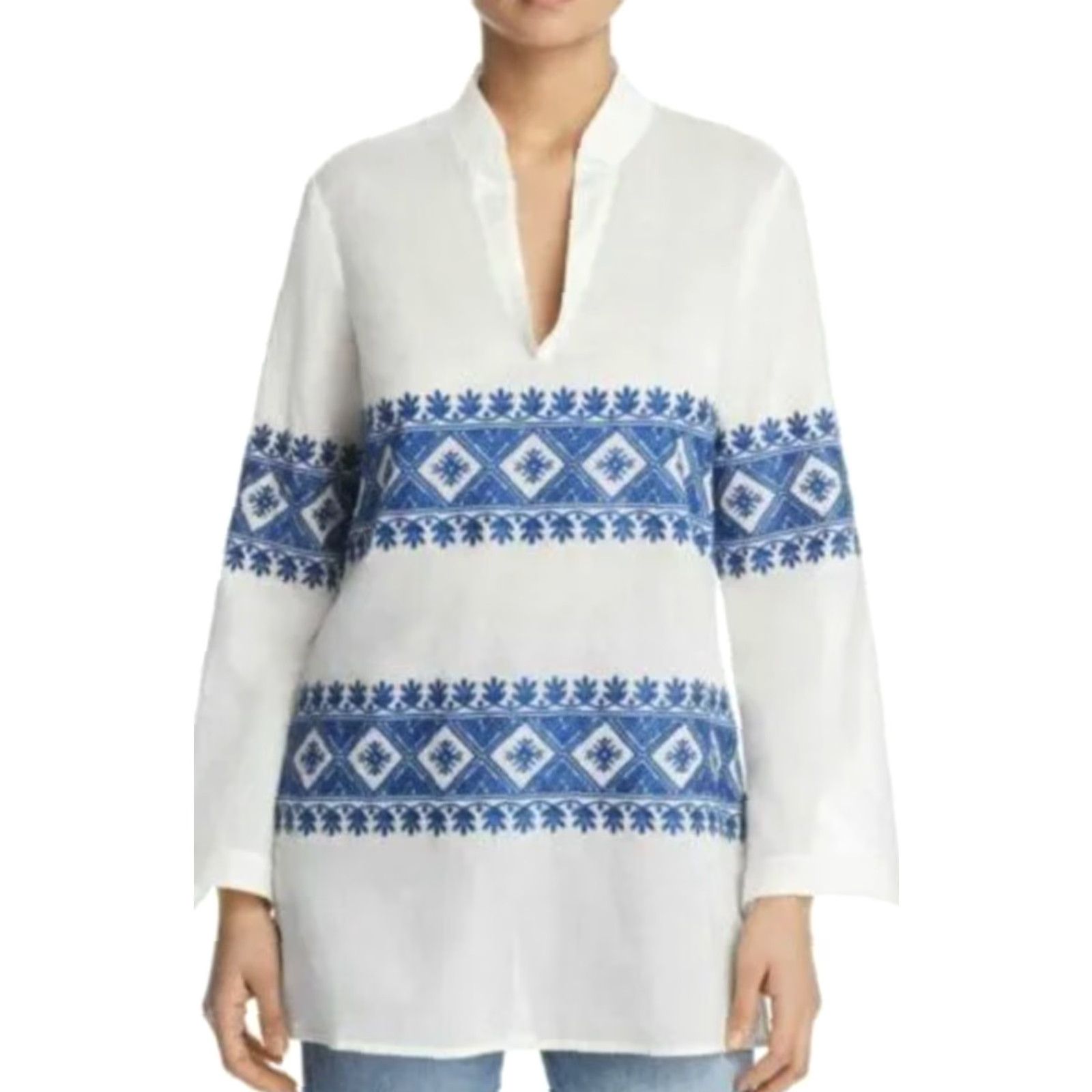 Tory Burch Tory Burch Blouse Tunic Top XS Ivory Blue Embroidered Stephanie Geometric Long Sleeve Women Size XS / US 0-2 / IT 36-38 - 8 Thumbnail