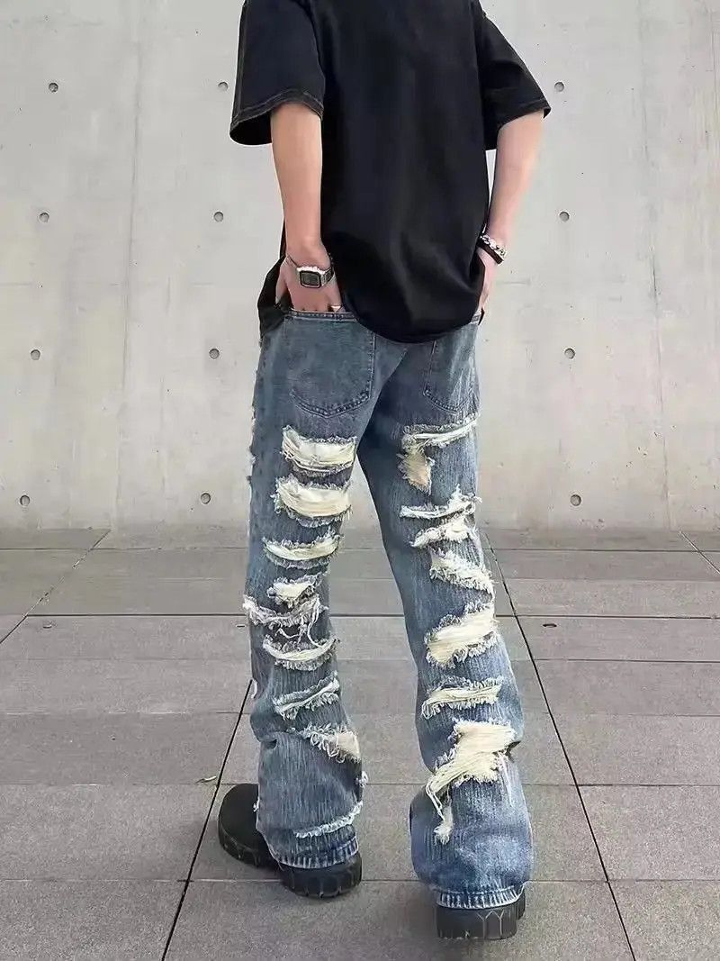 Japanese Brand Retro washed street ripped straight hole jeans y2k Size US 32 / EU 48 - 4 Thumbnail