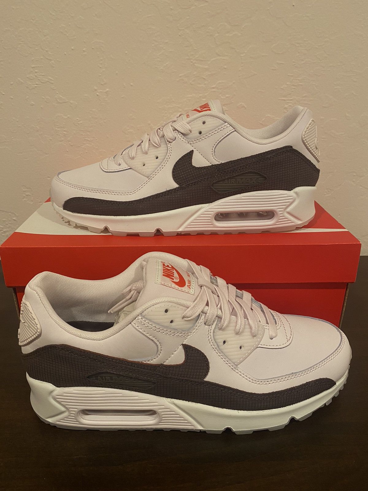 image of Nike Air Max 90 Leather Brown Tile Shoes in Light Pink, Men's
