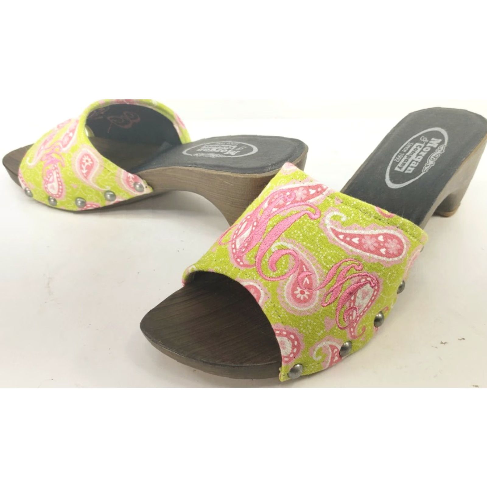 Vintage Morgan & Company Pink Chartreuse Paisley Women’s Sandal Slide Kitten Heel 8M Size US 8 / IT 38 - 2 Thumbnail