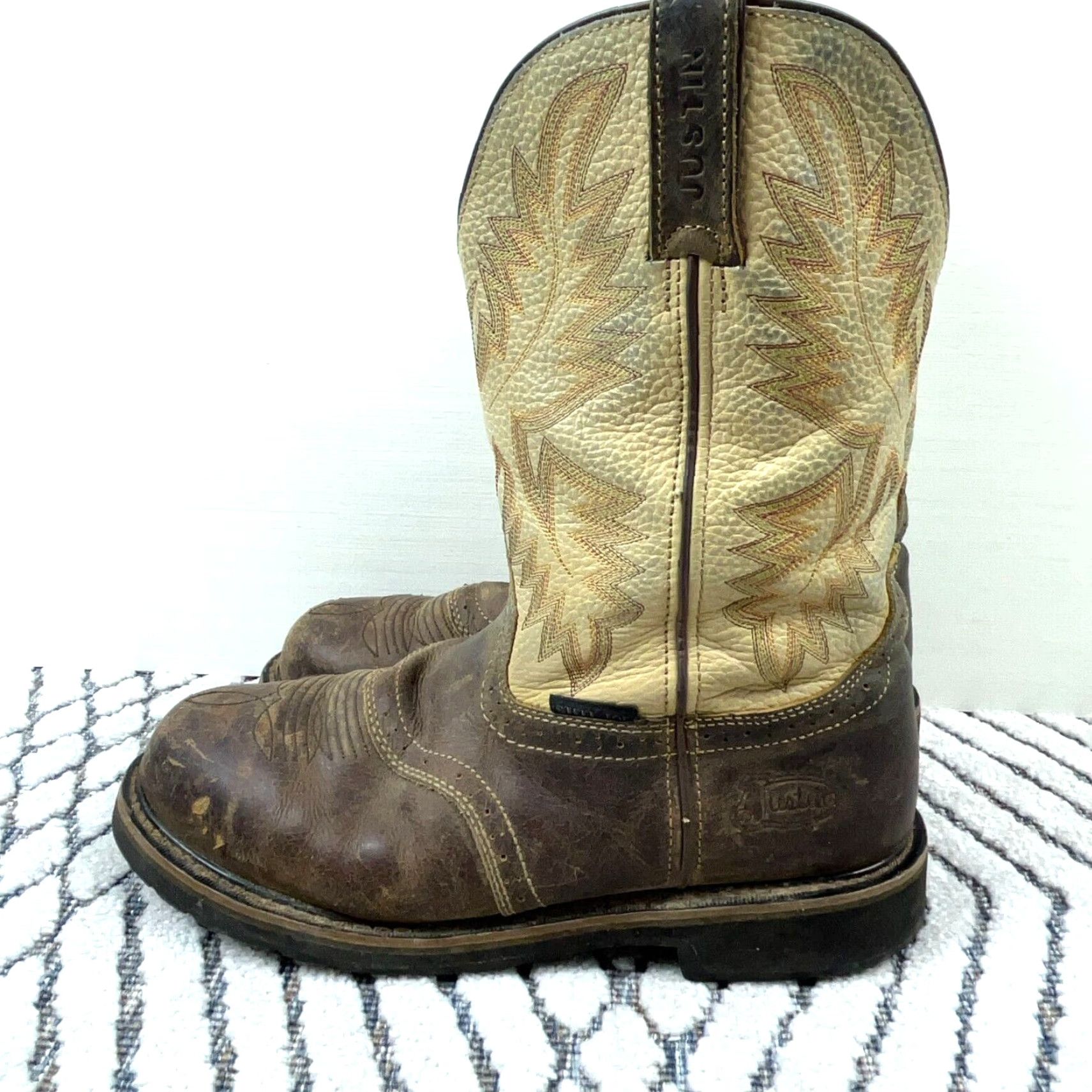Justin Boots VINTAGE Justin Boots Men 11.5 D Brown Steel Toe Western Work Boot Leather Casu Size US 11.5 / EU 44-45 - 7 Thumbnail