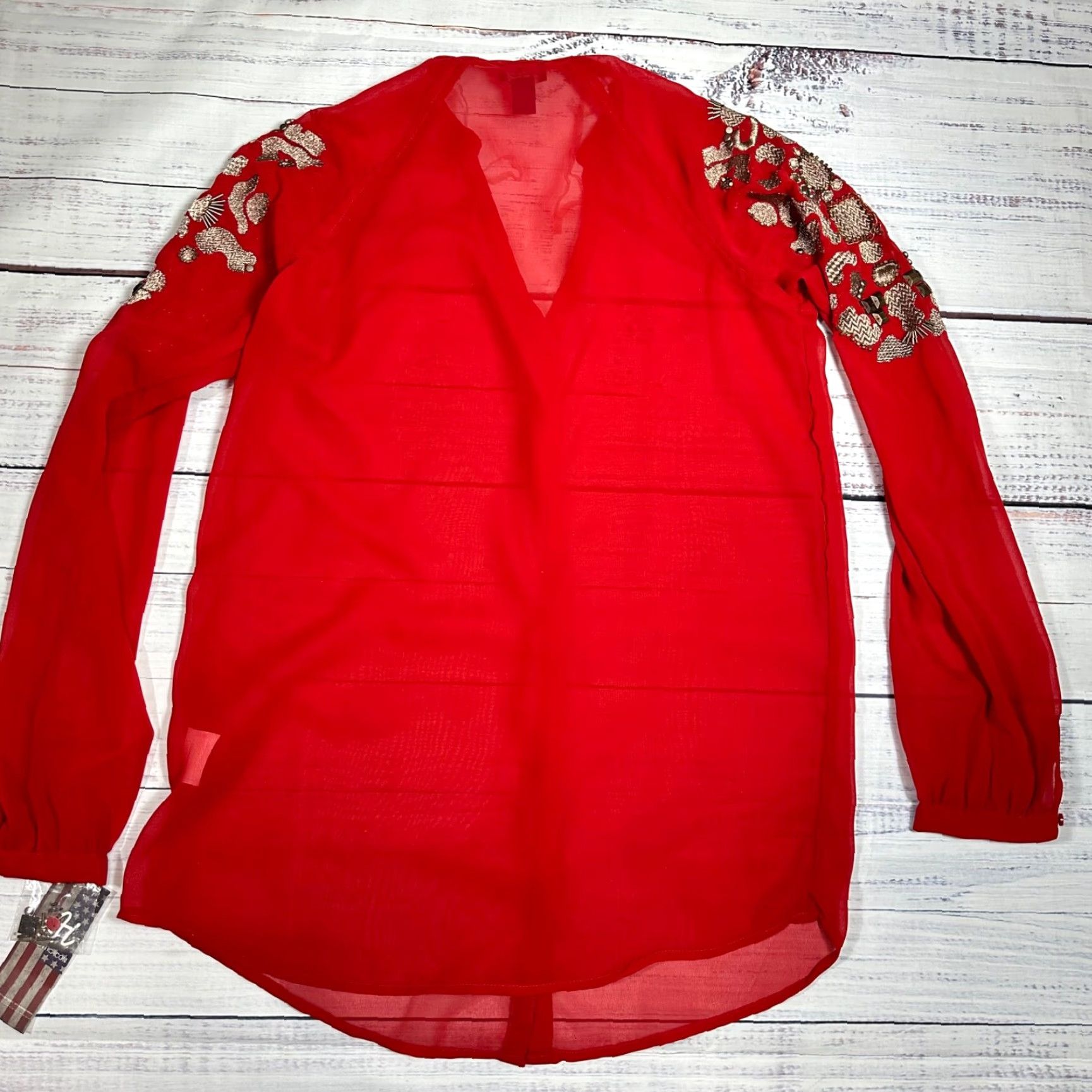 Vintage Authentic Icon Button-Up Shirt XS Red Women Embroidered Sheer Peasant Long Sleeve Size XS / US 0-2 / IT 36-38 - 4 Thumbnail