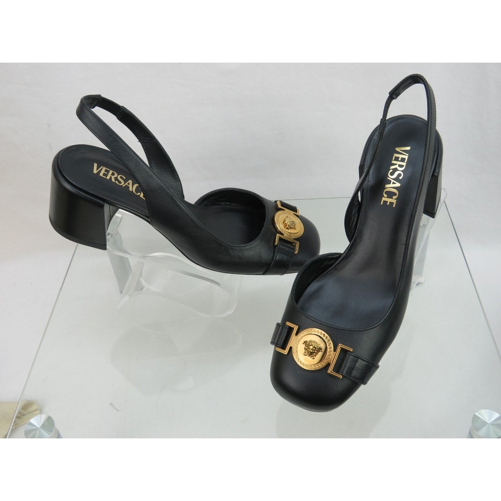 Versace VERSACE BLACK LEATHER GOLD MEDUSA SANDALS LOW HEEL PUMPS 37 Size US 7 / IT 37 - 5 Thumbnail