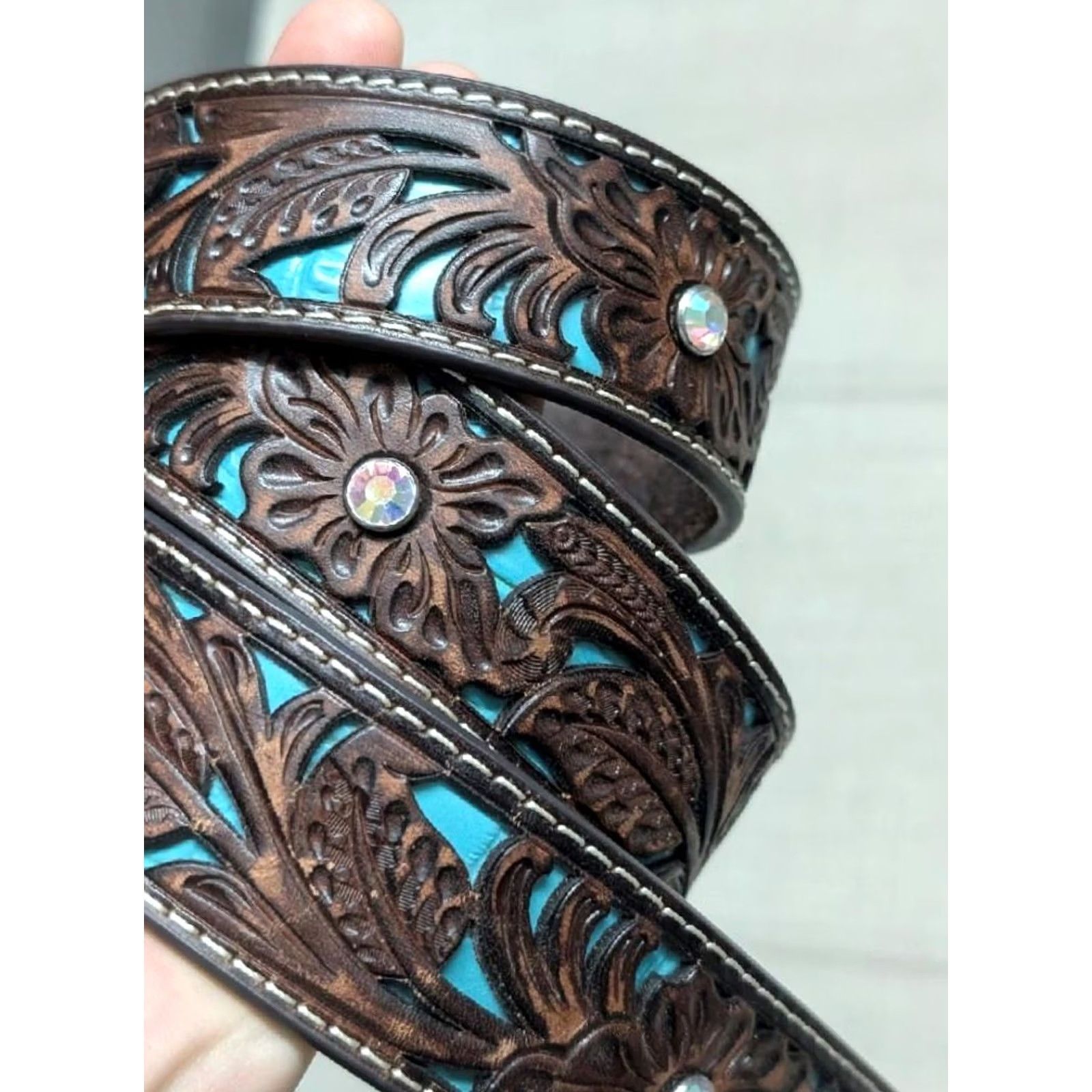 Ariat VINTAGE Ariat western belt TOOLED leather 38 brown floral cut-out rhinestone studded buckle western belt for Unisex Adults Mens Womens Size 38 - 2 Thumbnail
