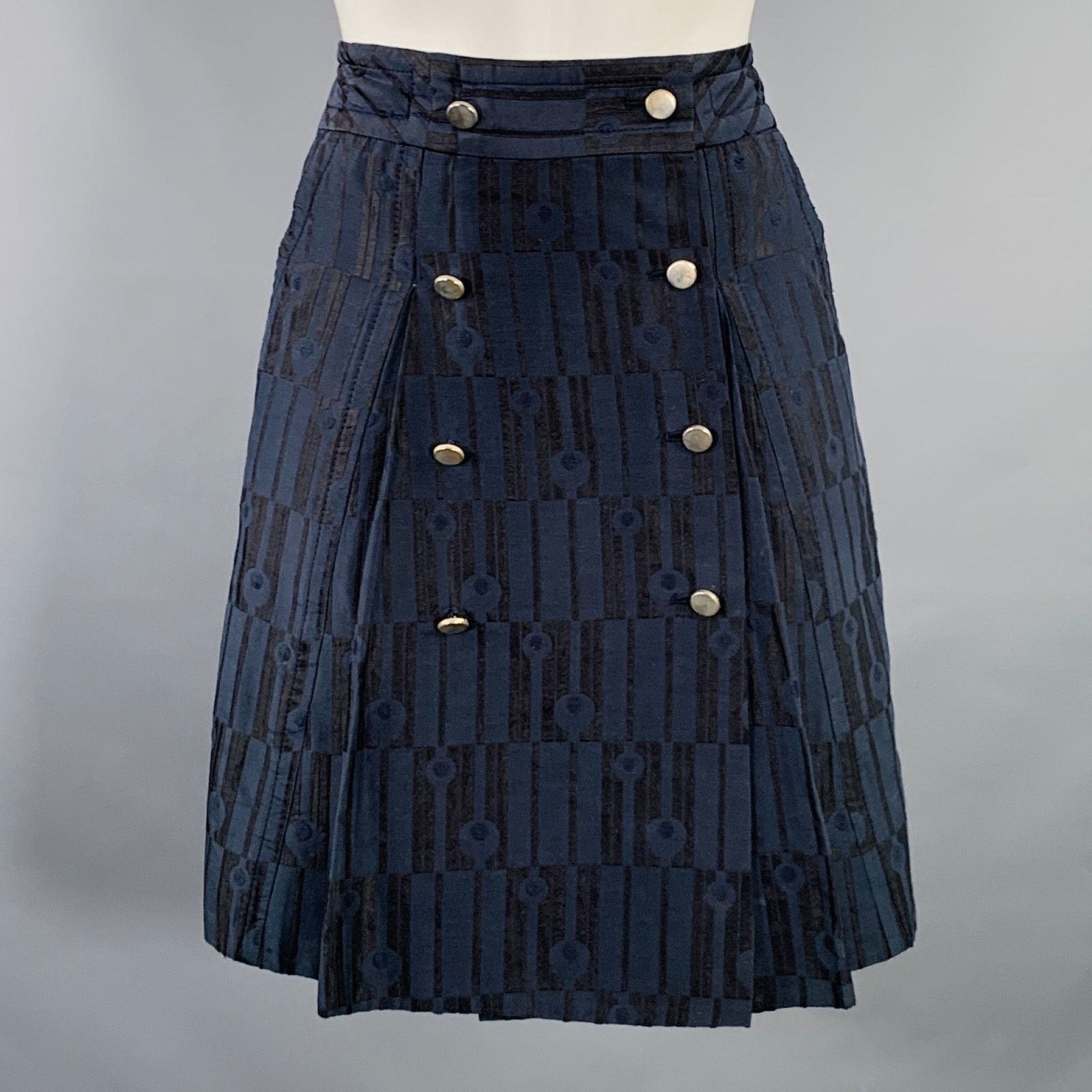 Marc by Marc Jacobs Size 0 Navy Black Cotton Blend Geometric Buttoned Midi Skirt Size 25" / US 0 / IT 36 - 1 Thumbnail