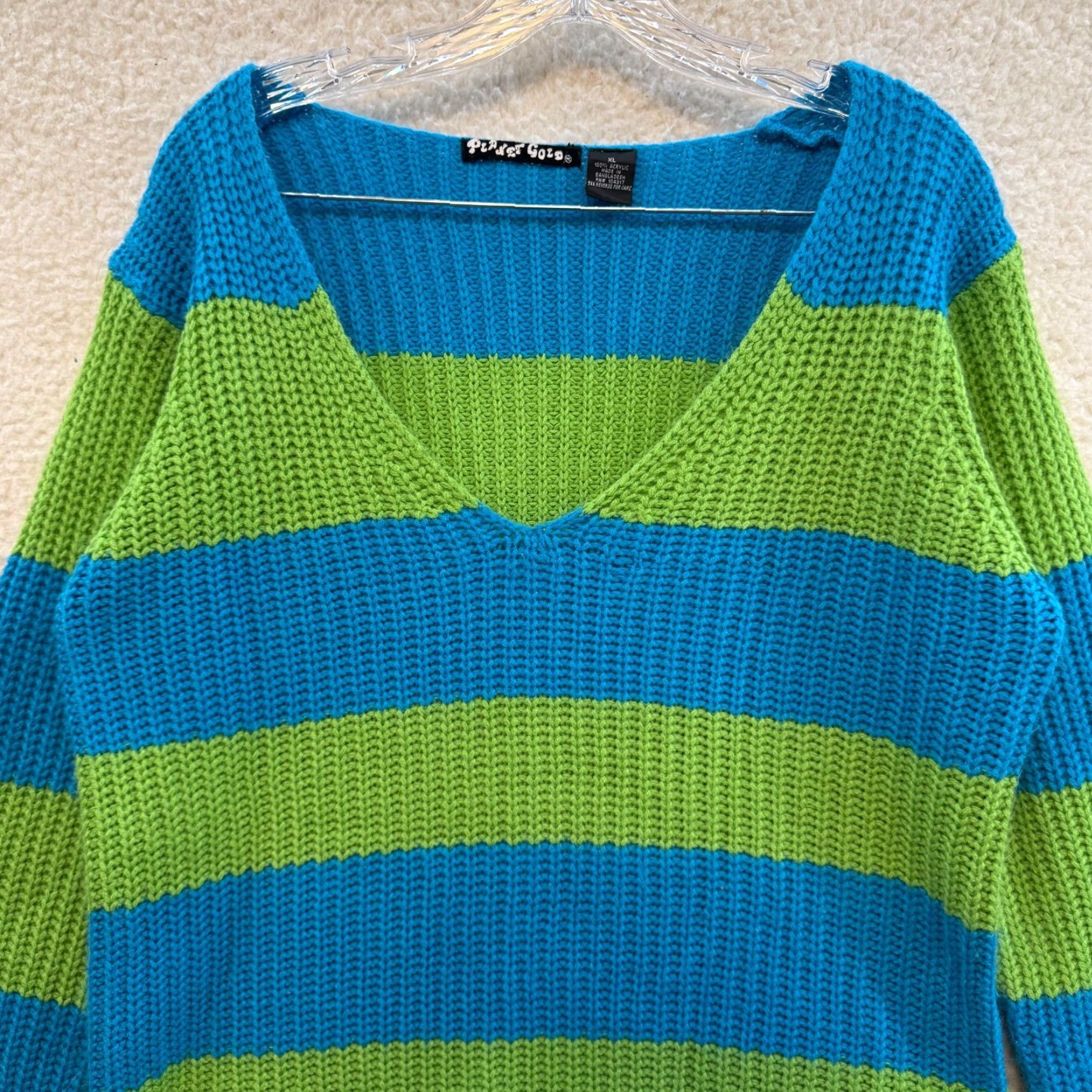 Vintage VINTAGE Y2K Sweater XL Blue Green Striped V-Neck Chunky Boho Fairy Grunge Planet Gold Mens Womens Girls Boys Clothing Size XL / US 12-14 / IT 48-50 - 3 Thumbnail