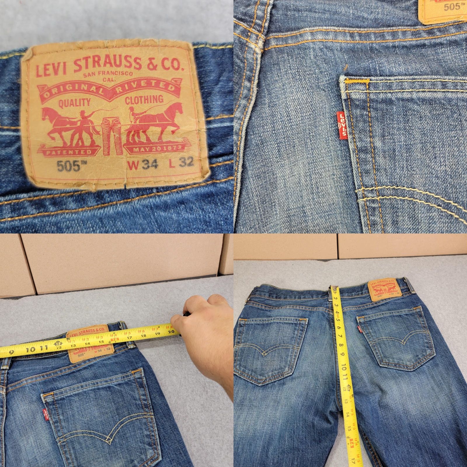 Levi's Levi's 505 Jeans Mens 34x32 Blue Medium Wash Regular Straight Distressed Denim Zip Fly Five-Pocket Leather Patch Red Tab Size US 34 / EU 50 - 8 Thumbnail