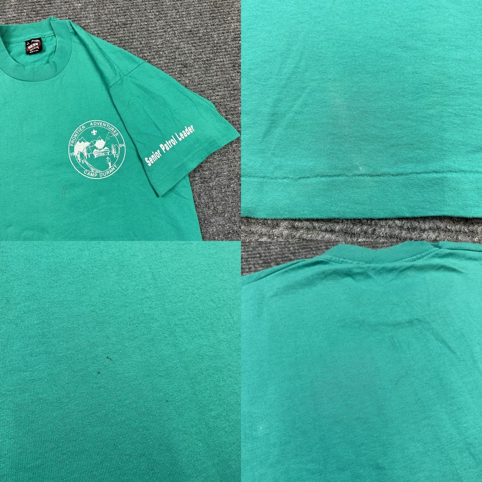 Fruit Of The Loom VINTAGE 1990s Grunge Single Stitch T Shirt Camp Durant Staff Shirt 1994 USA Green Mens L Shirt Size US L / EU 52-54 / 3 - 8 Thumbnail