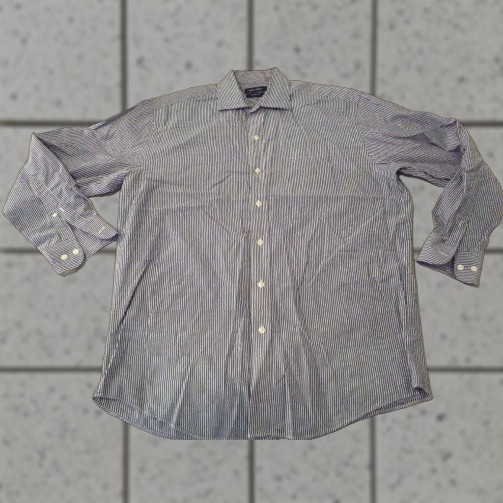 Nautica Nautica Dress Shirt Mens L Gray Stripes Cotton Long Sleeve Button Shirt Size 42R - 1 Thumbnail
