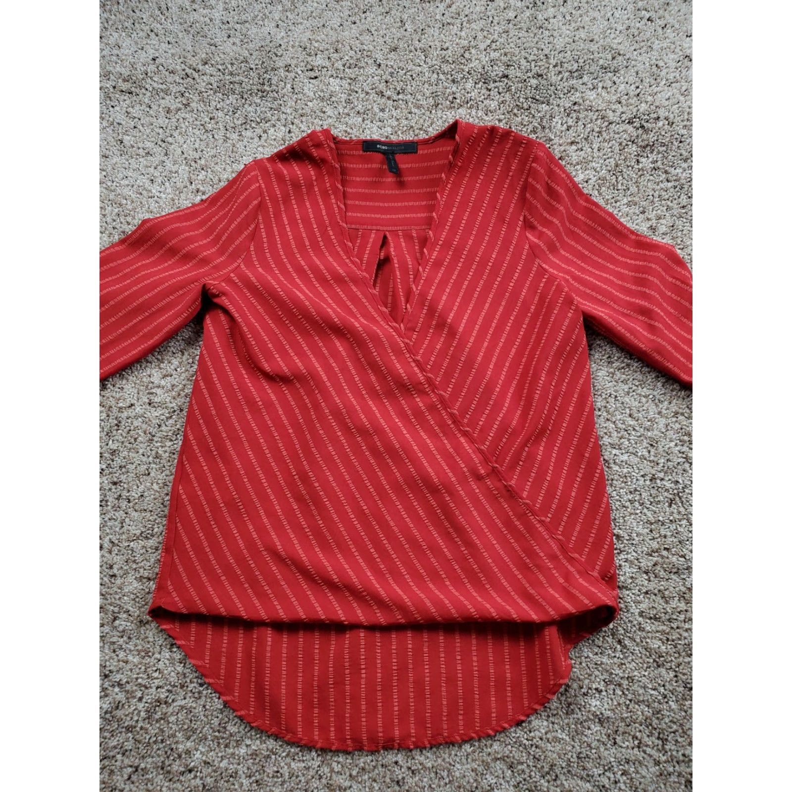 Bcbgmaxazria BCBGMAXAZRIA Blouse Womens XS Red Long Sleeve Surplice Stripe Wrap Top Dressy Size XS / US 0-2 / IT 36-38 - 3 Thumbnail