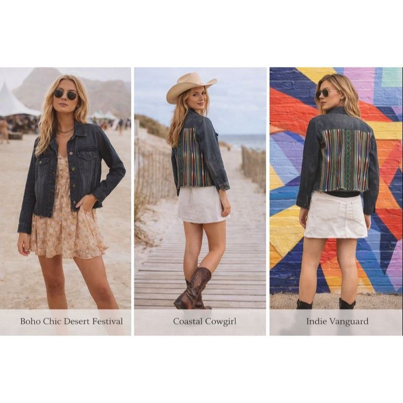 EUC Judith March Women Denim Jacket S Frayed Hem Boho Multic