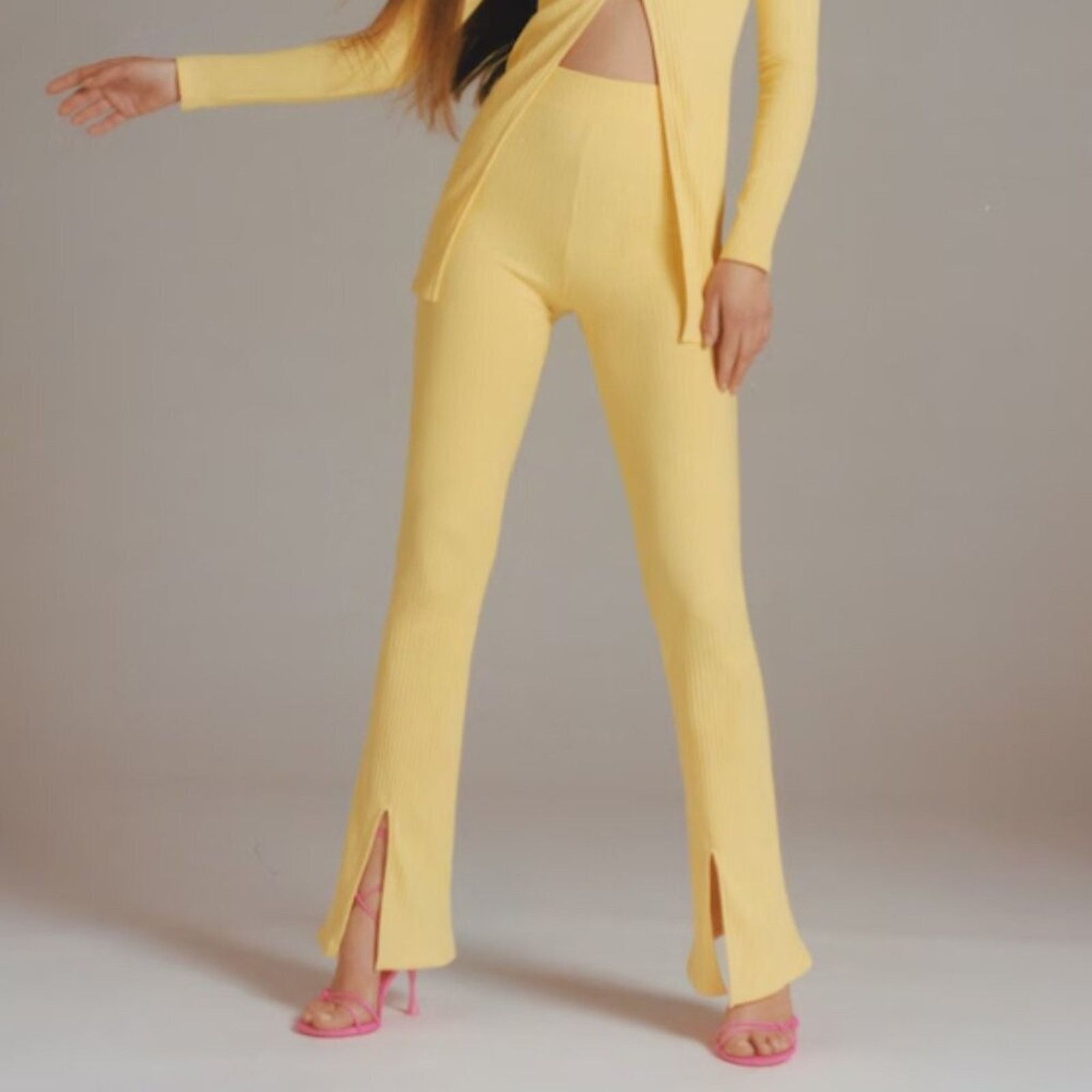 Mango Mango MNG Side Slit Knit Pants Yellow NWT Large Size 34" / US 12 / IT 48 - 6 Thumbnail