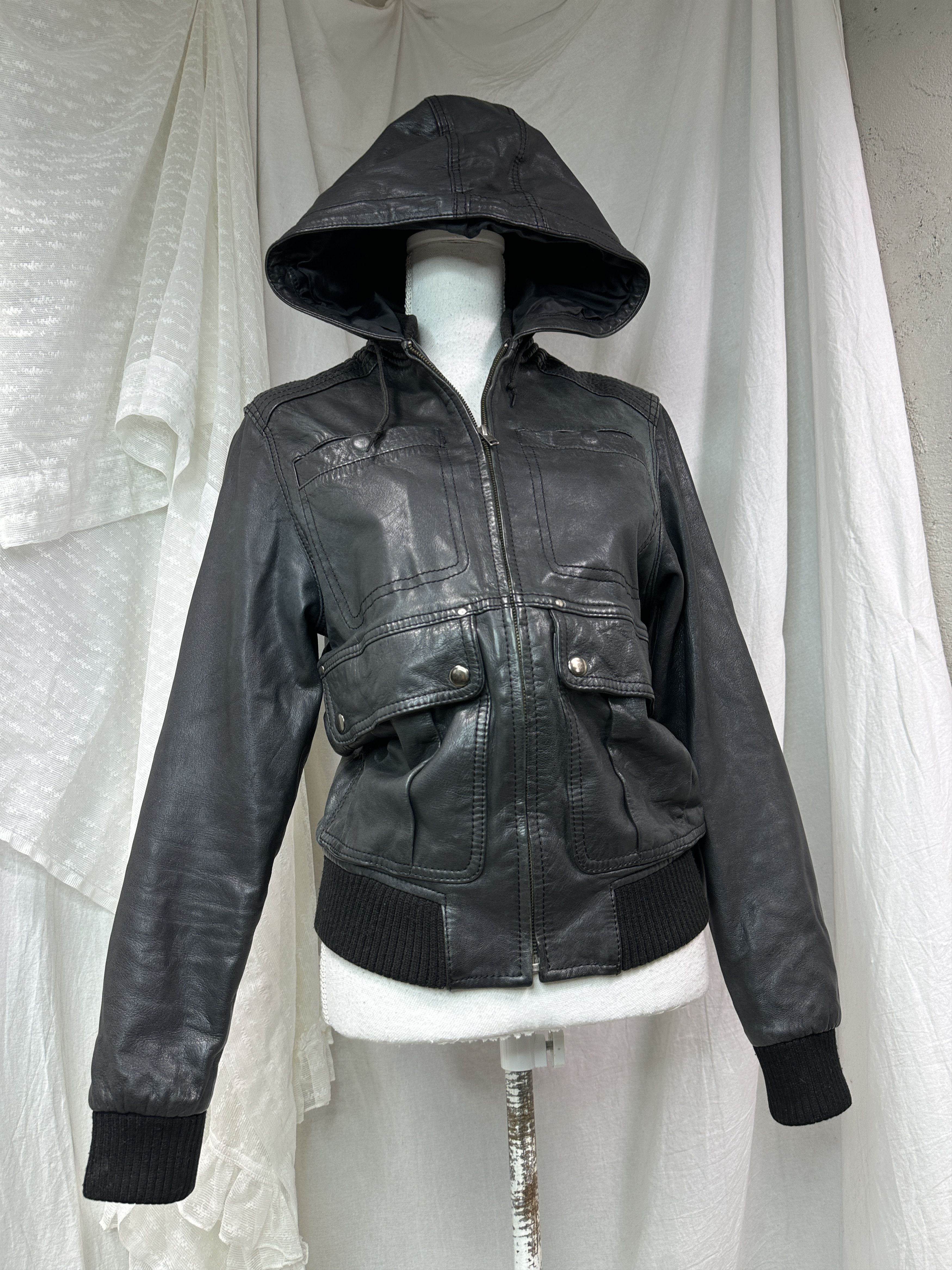 Vintage Vintage Leather Grunge Biker Moto Hooded Jacket 00s Size S / US 4 / IT 40 - 1 Thumbnail